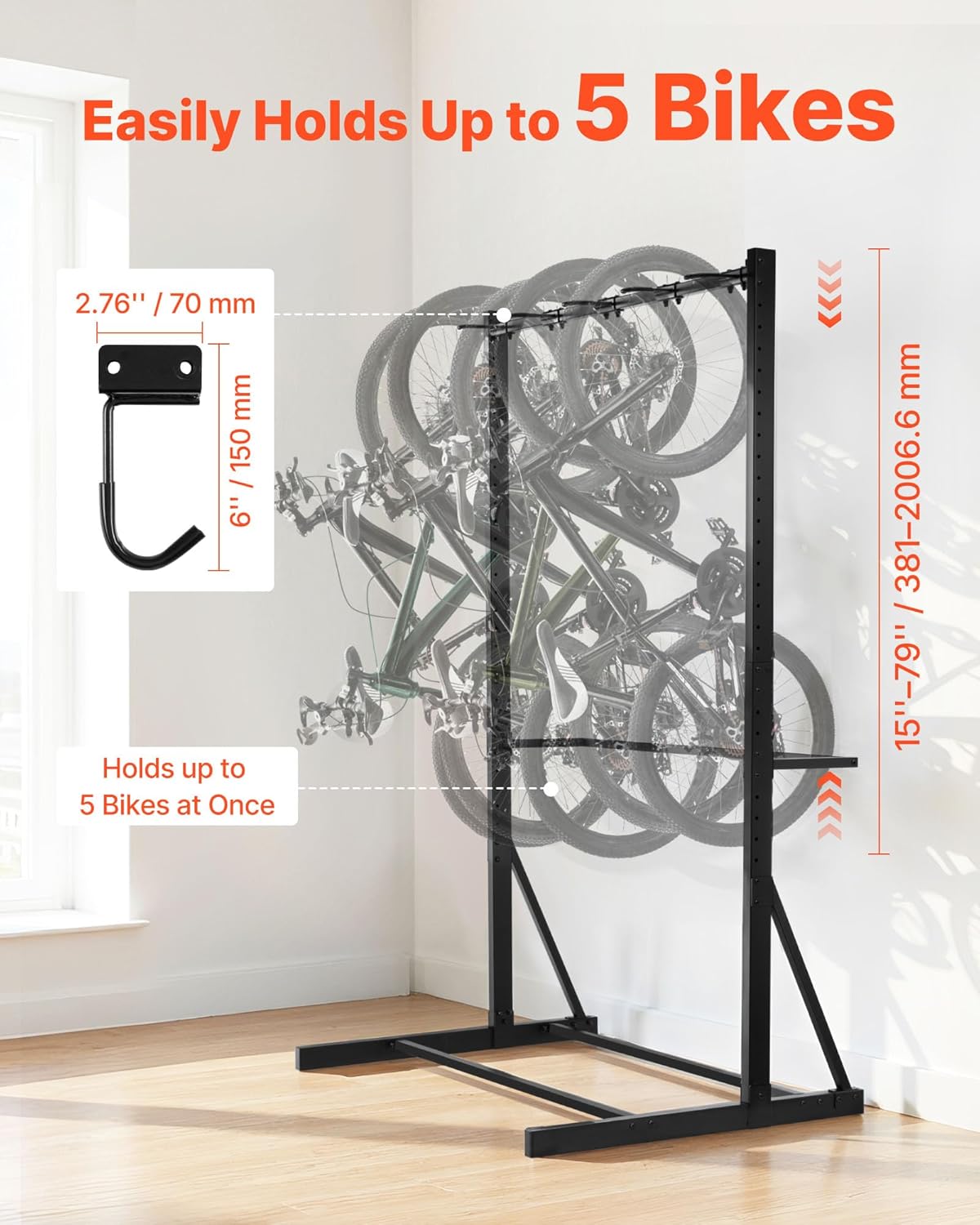 VEVOR Bike Rack, 300LBS/136KG Capacity for up to 5 Bikes, Freestanding Bike Storage Rack, Carbon Steel Vertical Bicycle Stand for Home, Yard, Garage, Living Room, Indoor/Outdoor Bicycle Storage Stand