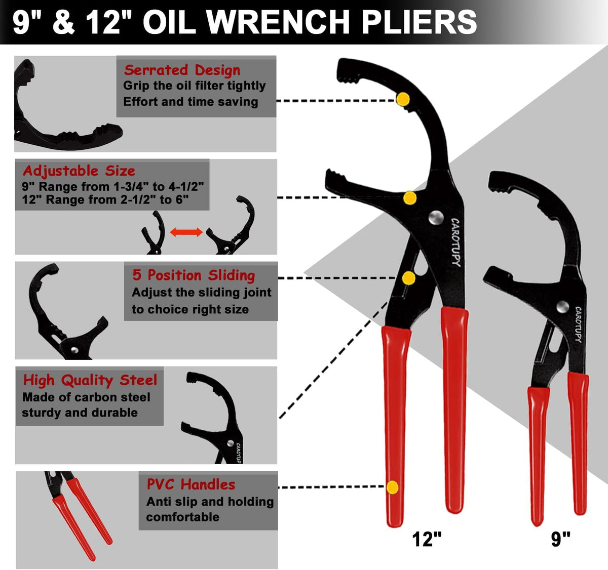 9pcs Oil Filter Wrench Set, 9" and 12" Oil Filter Pliers with Oil Snap Funnel for Automotive Oil Change, Adjustable Oil Filter Removal Tool From 1-3/4" to 6"