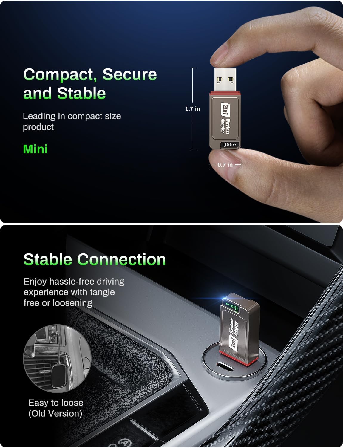 2-in-1 Wireless CarPlay Adapter Support Apple CarPlay & Android Auto, Mini Bluetooth USB A & USB C Dongle Convert Wired to Wireless Compatible with iPhone & Android