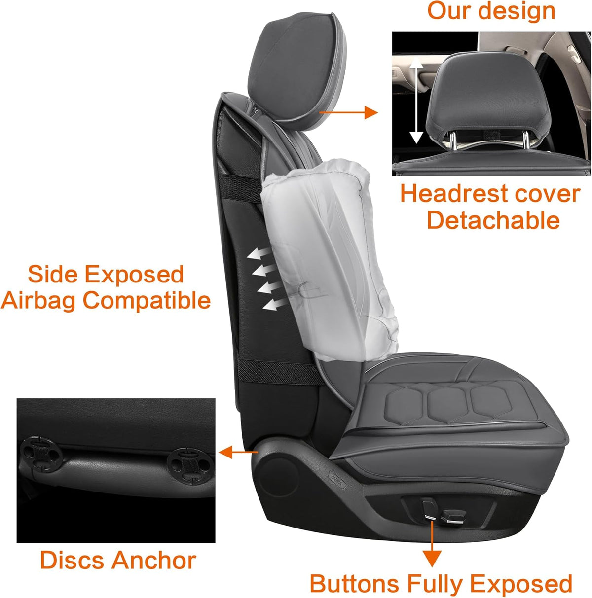 Pariitadin Leather Car Seat Covers Full Set, Waterproof Breathable Faux Leather Automotive Seat Covers for Cars, Non-Slip Car Interior Covers Universal Fit Most Cars Sedans Trucks SUVs, Gray
