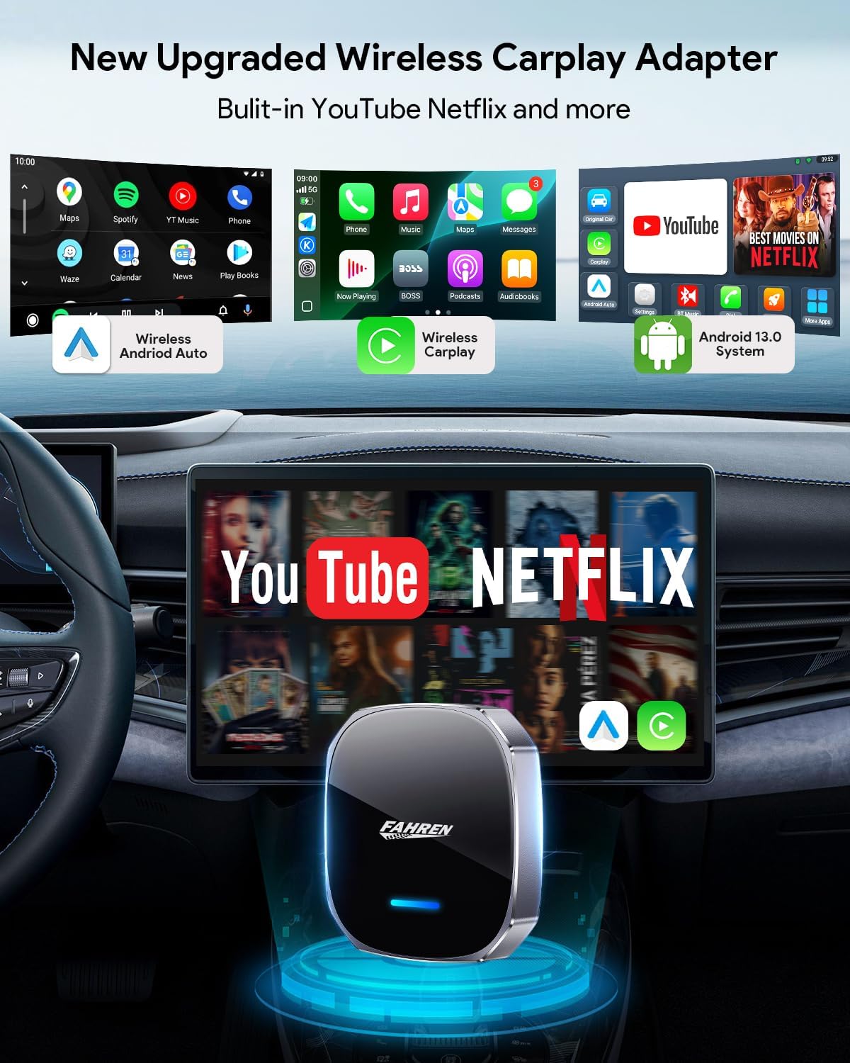 FAHREN 3rd-Gen Wireless CarPlay Adapter for iPhone& Android Auto, Support Netflix/YouTube, Mini Android Auto Wireless Adapter, Plug & Play,Only Fit with The 2018+ Cars with OEM Wired CarPlay