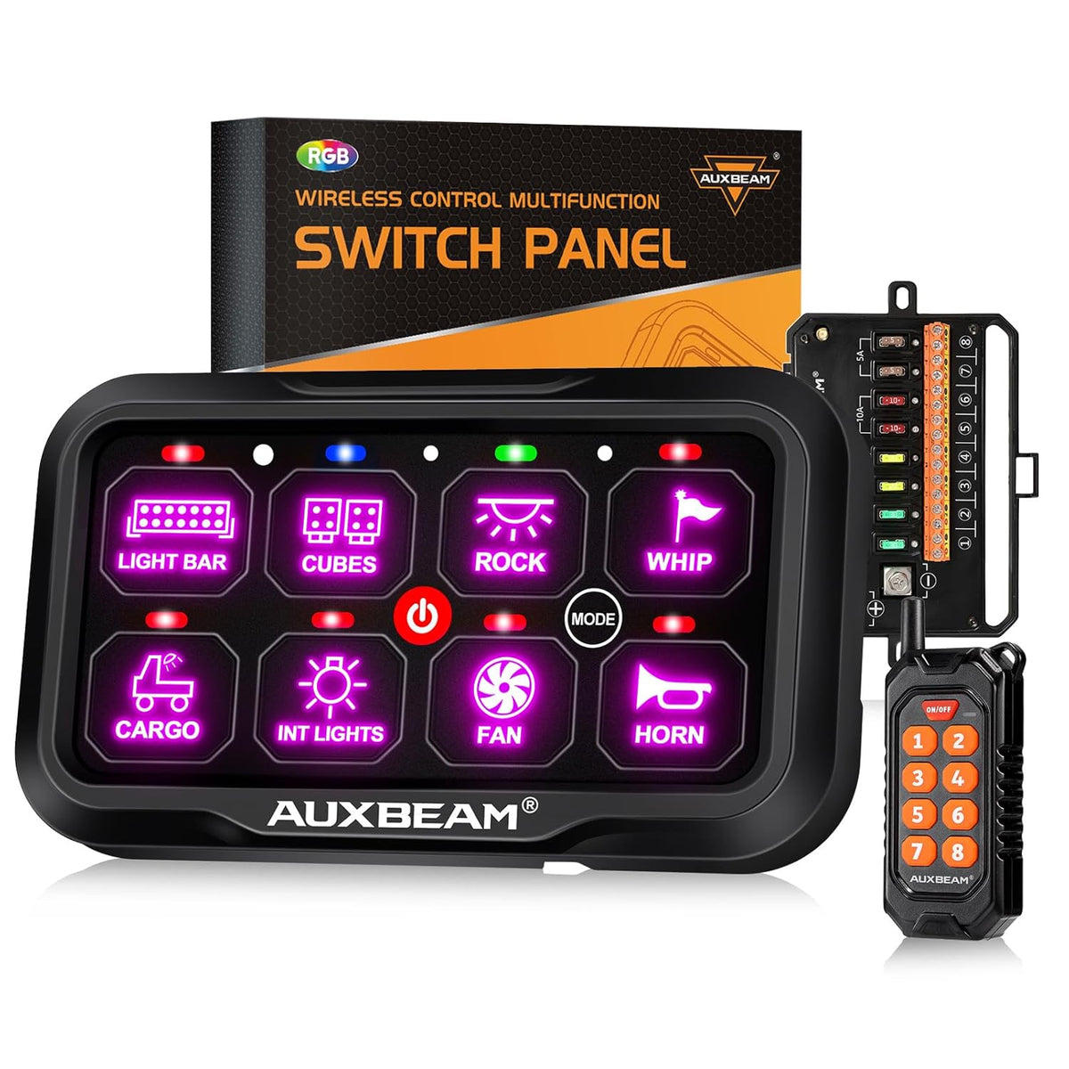 Auxbeam RC800 8 Gang Switch Panel RA84 RGB Wireless Remote Control Up to 165FT Range Automotive Switch Pod Featuring 3 Lighting Modes Backlit Off Waterproof for Car Boat Truck RV 2-Year Warranty