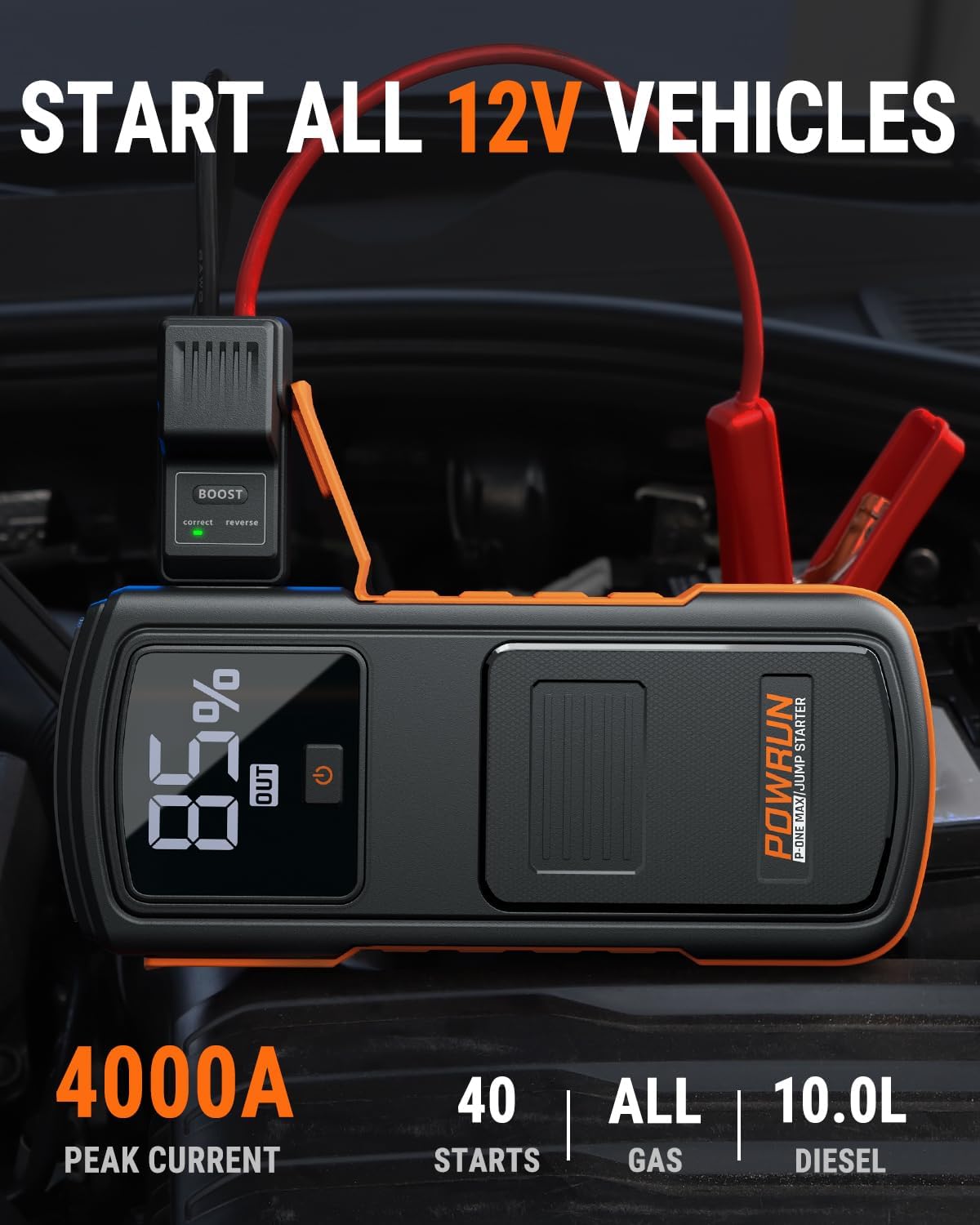 Powrun P-ONE MAX Jump Starter, 4000A Portable Jump Box, Car Jump Starter Battery Pack for All Gas or Diesel Engines up to 10.0L, 12V Car Battery Jump Starter with a Carrying Case