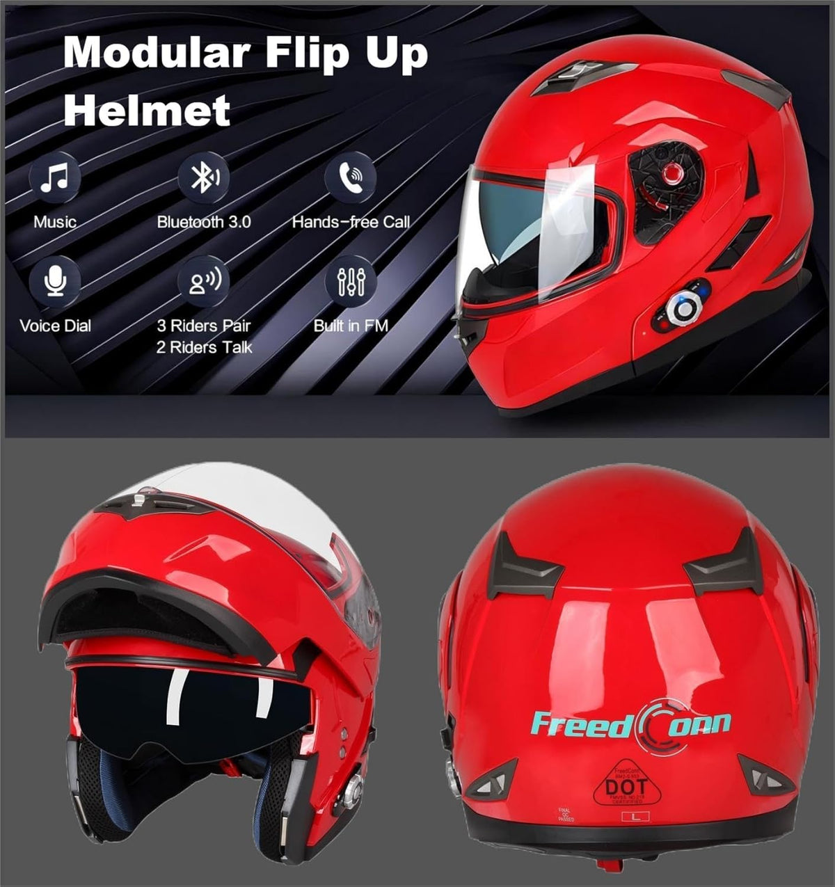 FreedConn BM2-S Bluetooth Motorcycle Helmet, Flip-Up Modular Motorbike Helmet, 500M Connectivity for 2-3 Riders, Voice Dial, Hands-Free Call, MP3, FM, DOT Certified ( Medium, Red)