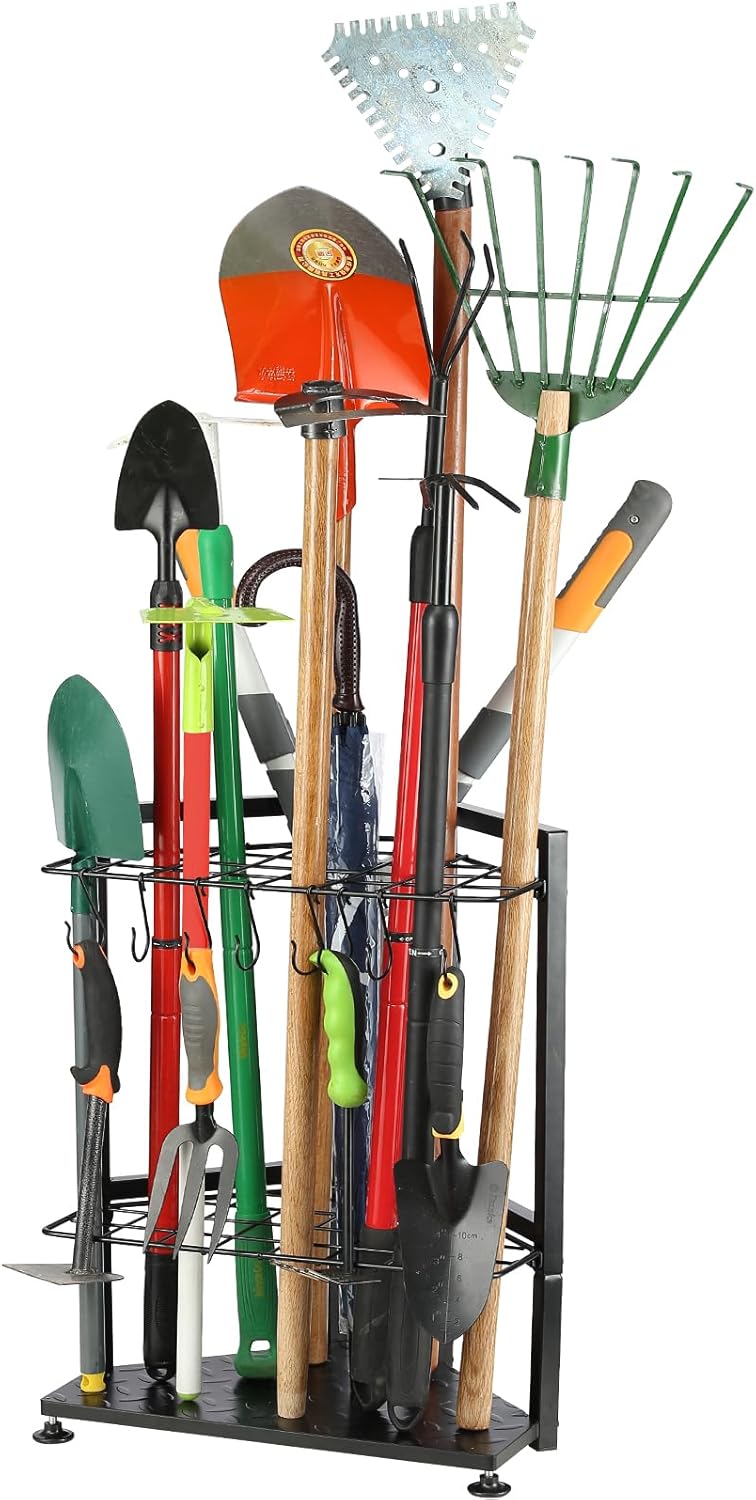 Garden Tool Organizer,Yard Tool Rack Heavy Duty,Free Standing for Garage Corner,Garage Organization,Garage Organizers and Storage,Garden Tool Holder for Lawn,Shed,Outdoor,Metal