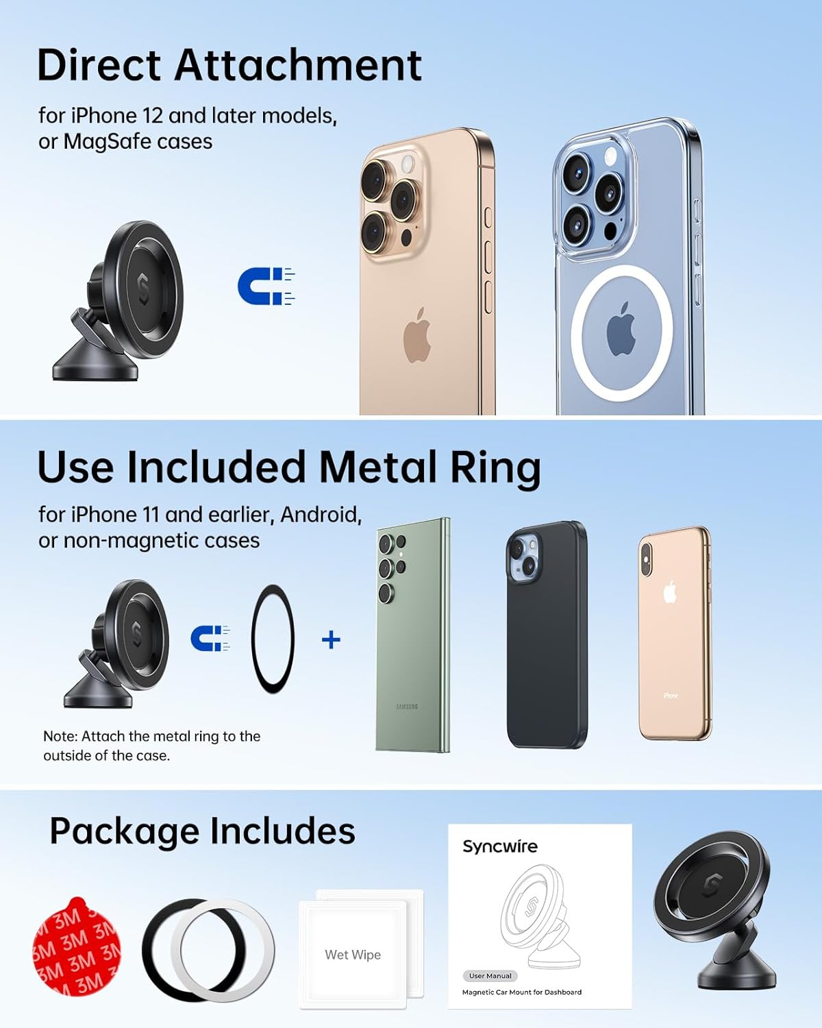 SYNCWIRE for MagSafe Car Mount - 360 Rotation Magnetic Phone Holder for Car Dashboard, Strong Magnets Car Phone Holder Mount Compatible iPhone 16 Pro Max 15 14 13 12,Samsung - MagSafe Car Accessories