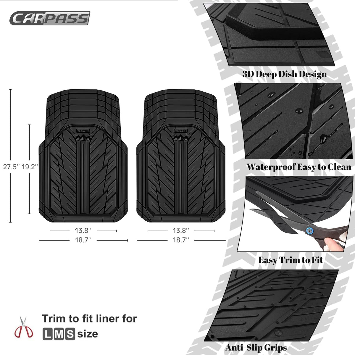 CAR PASS Small DeepDish Floor Mats for Cars, Heavy Duty Rubber Car Mats 2-Piece, Universal Trim-to Fit Automotive Floor Mats Front Only for Truck Van SUV Waterproof All Weather Car Mats (Black)