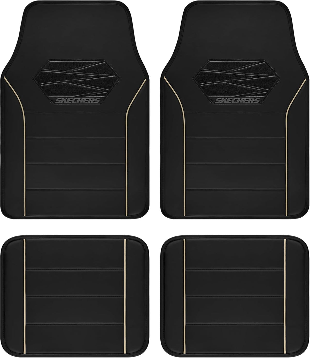 Skechers Memory Foam Car Mats, Leather Piping with Anti-Slip Pad, Universal Waterproof Fit Automotive Floor Mats for SUV, Vans, Sedans, Trucks, Full Set 4pcs Beige