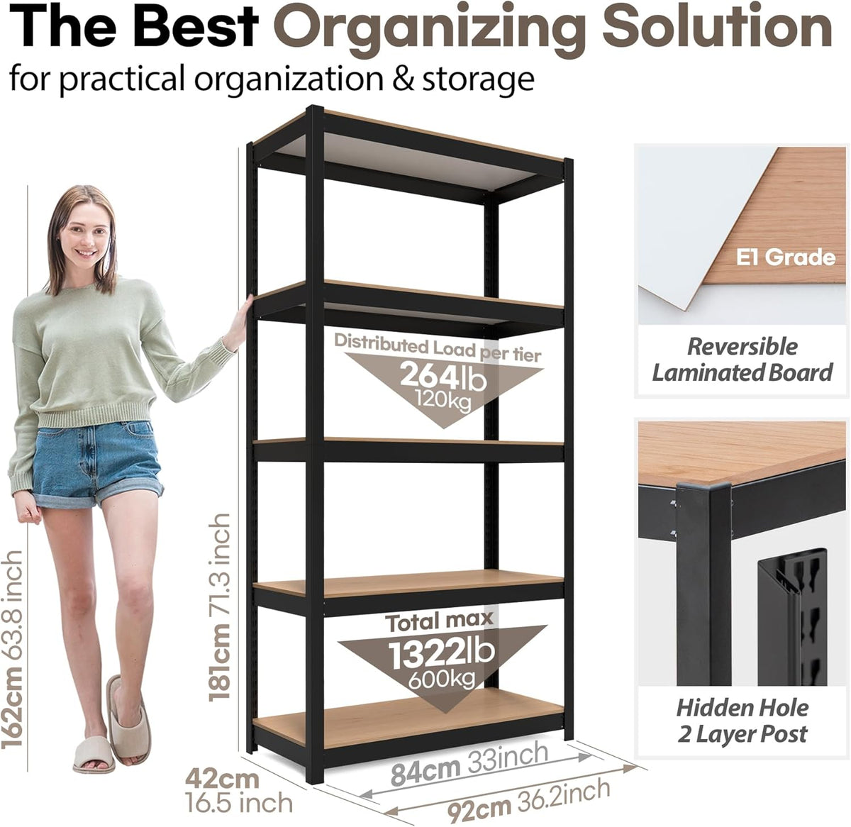 HOMEDANT House Black 5-Tier Laminated Metal Shelving Unit Adjustable Storage Utility Rack Heavy Duty Shelves Organization Shelf Kitchen Garage Pantry Closet 4Pack