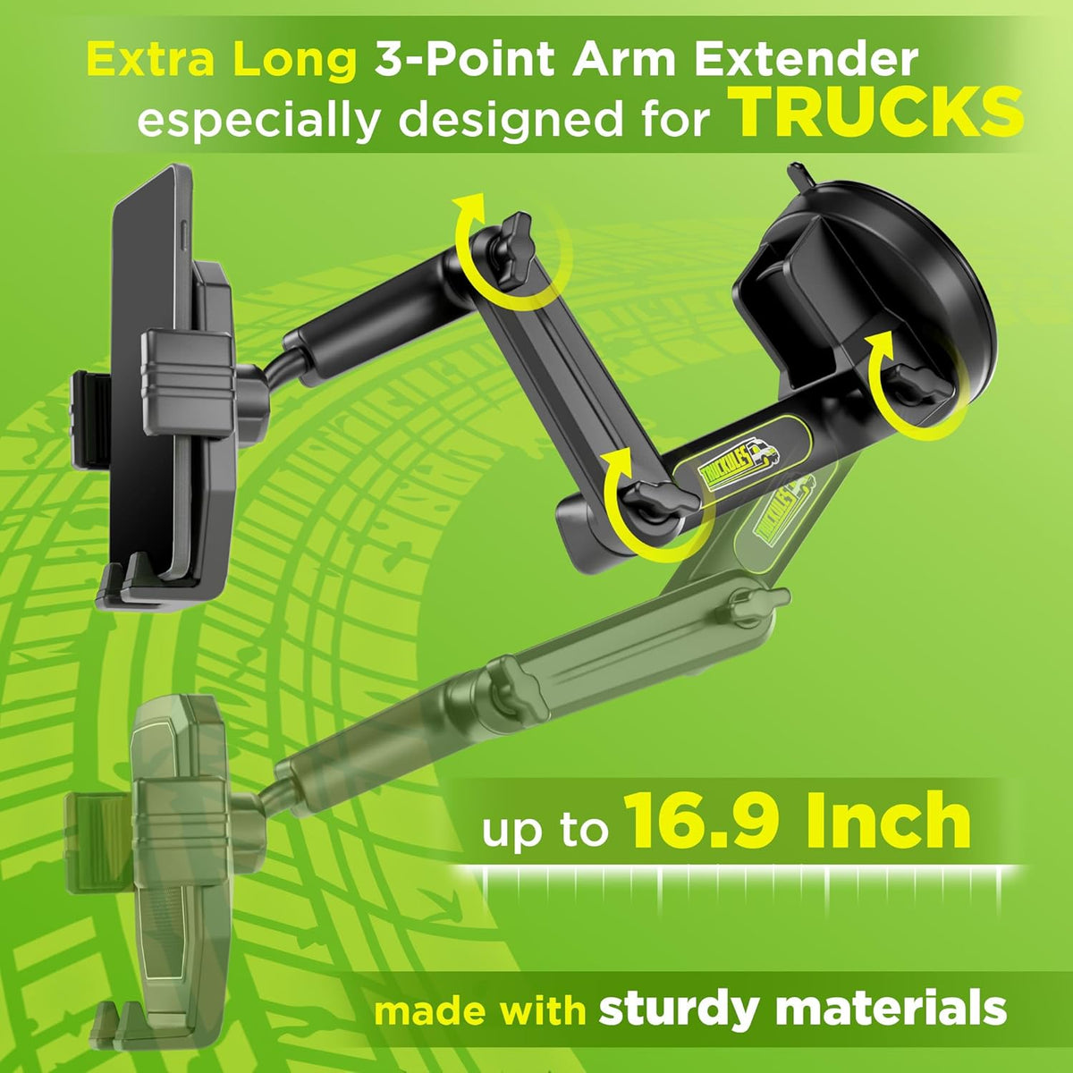 Phone Mount for Truck Phone Holder for Truck - Heavy Duty Suction Cup, Mobile Device Holder for Dashboard Window 16.9 inch Long Arm, iPhone Samsung Compatible, Commercial Trucker, Black