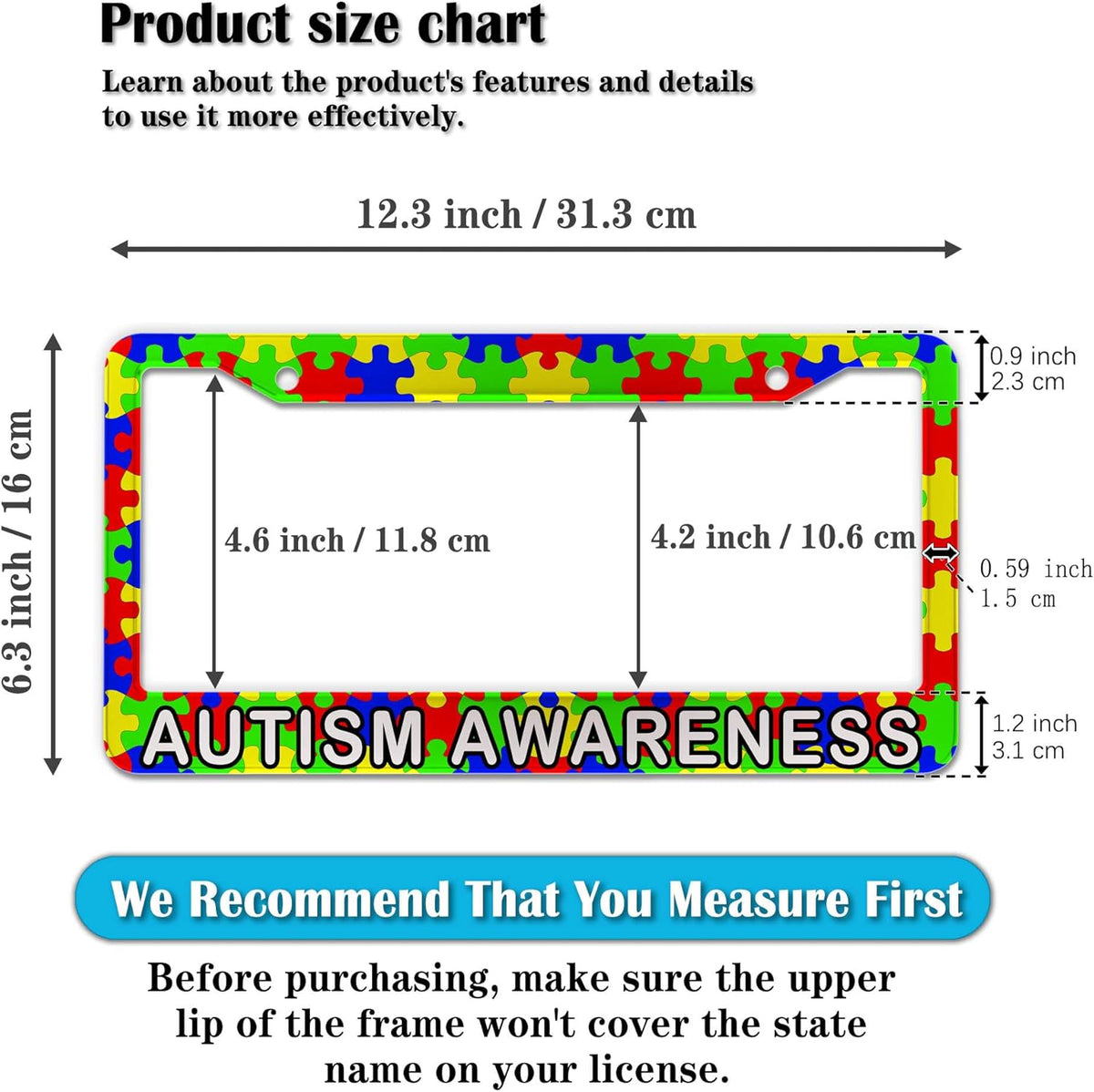 Custom License Plate Frame Multicolor License Plate Frames Autism Awareness Puzzle Universal Aluminum Car Accessory 2 Pack with Screw Covers Set