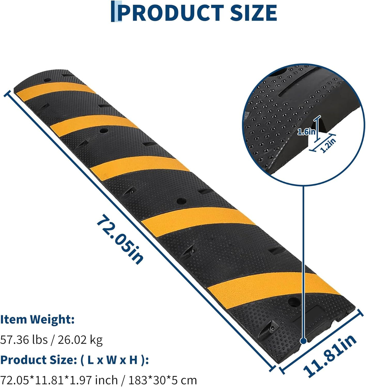 6FT Speed Bumps Wite End for Road, Heavy-Duty 25,000 Lbs Capacity Traffic Rubber Speed Humps with 2 Channel Floor Cord Cover for Asphalt Concrete Gravel Driveway Road
