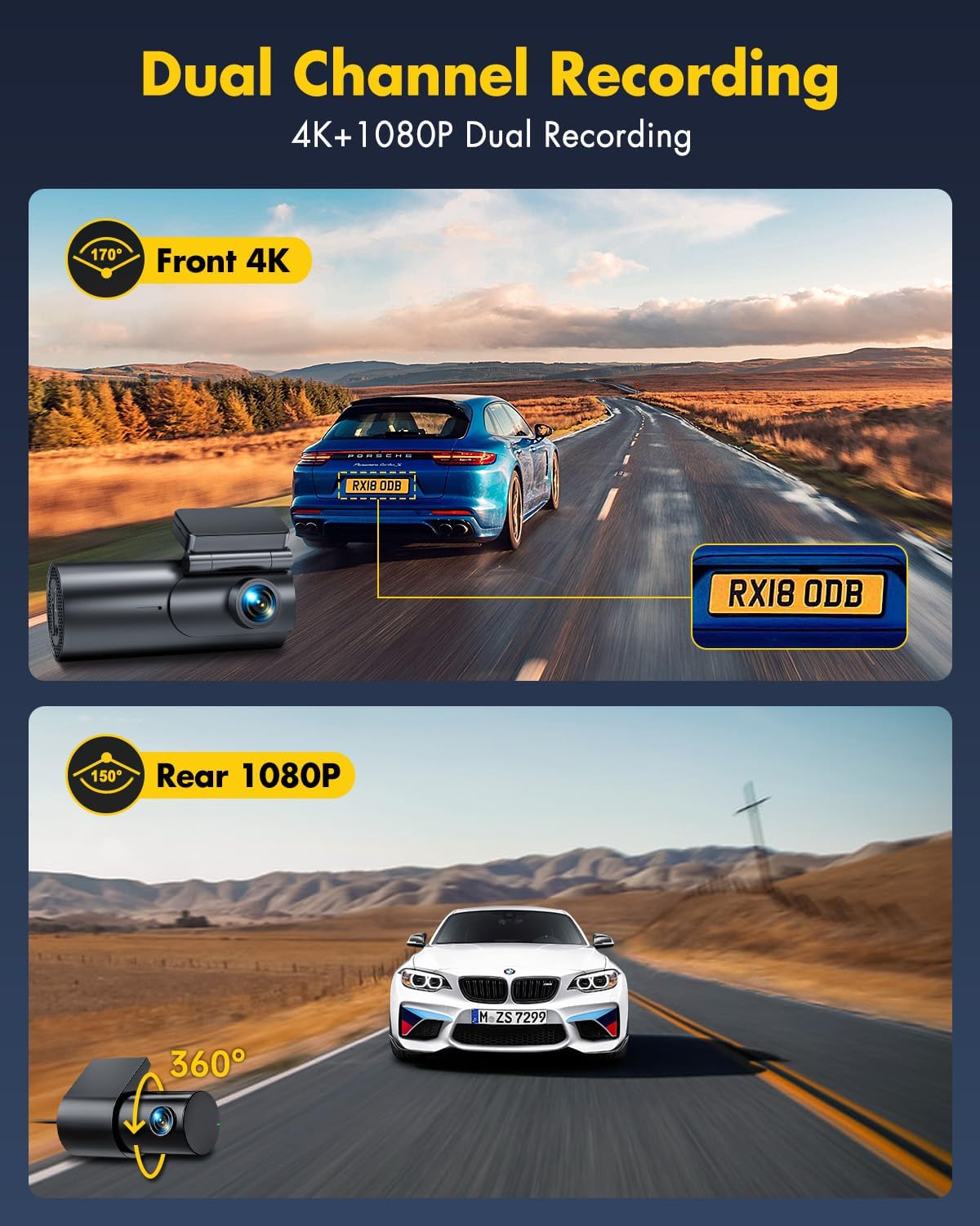 GKU Dash Cam Front and Rear Camera – 4K+1080P Dual Dash Camera for Cars with 64GB SD Card, 5GHz WiFi & App Control, Night Vision, Parking Mode, G-Sensor, Loop Recording, WDR, 170° Wide Angle