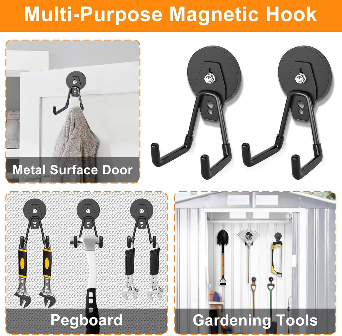 ENUODA Strong Magnetic Hooks 6 Pack Large Rare Earth Magnet Hooks Heavy Duty Utility Magnetic Tool Holder for Garage Organization, Van, Barn, to Hang Bag, Coat, Power Tool, Toolbox, Shovel, Broom,