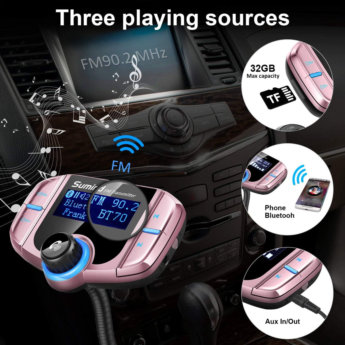 Upgraded Bluetooth FM Transmitter, Wireless Radio Adapter Hands Free Car Kit with 1.7'' Display, QC3.0 and Smart 2.4Amp Dual USB Ports, AUX Input/Output, TF Card Mp3 Player (Normal, Rose Gold)