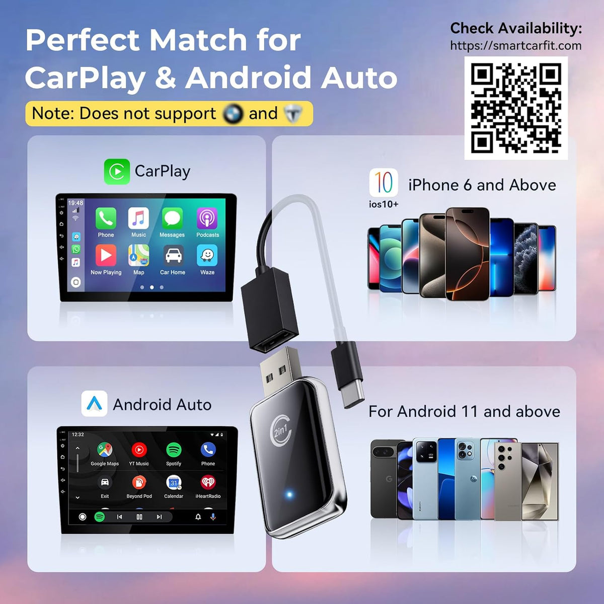 Wireless CarPlay Adapter for iPhone, Convert Wired CarPlay to Wireless, 2 in 1 Plug and Play Android Auto and Carplay for Cars with Built-in CarPlay, Support iOS 10 Android 11 and Above (Silver)
