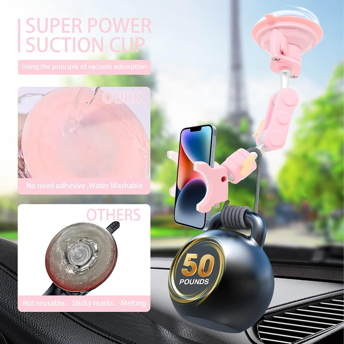 Suction Cup Phone Mount 360 Rotating Universal Ball Head Arm for Car Dashboard Windshield Vehicle Sunroof (1pc*Pink)