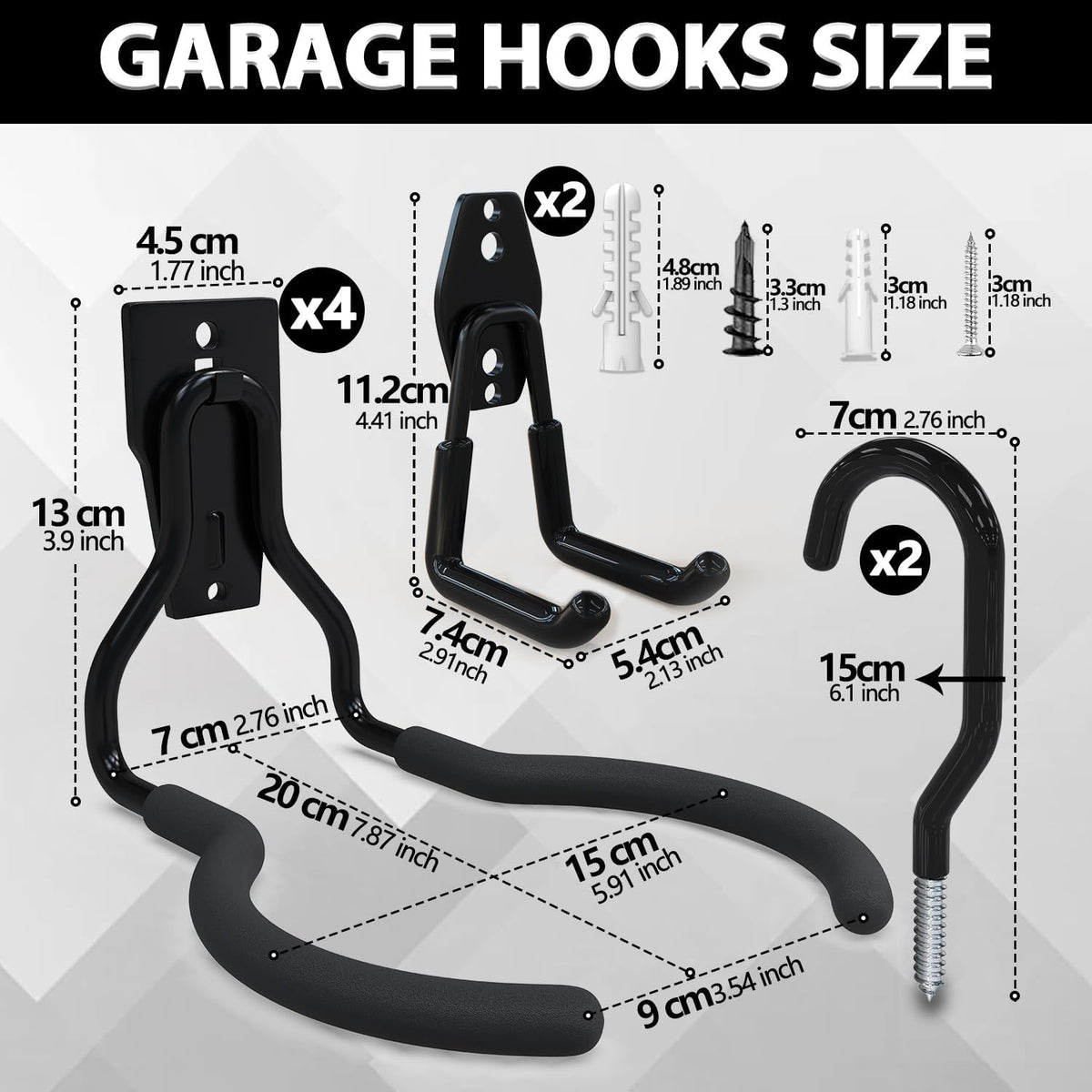 3-H Weed Eater Hanger 4 Pack,2 Garden Hose Holder,2 Screw in Hooks,Utility Weedeater Rack,Tool Hangers for Organizing and Hanging Weed Wacker,Leaf Blower,String Trimmer in Garden
