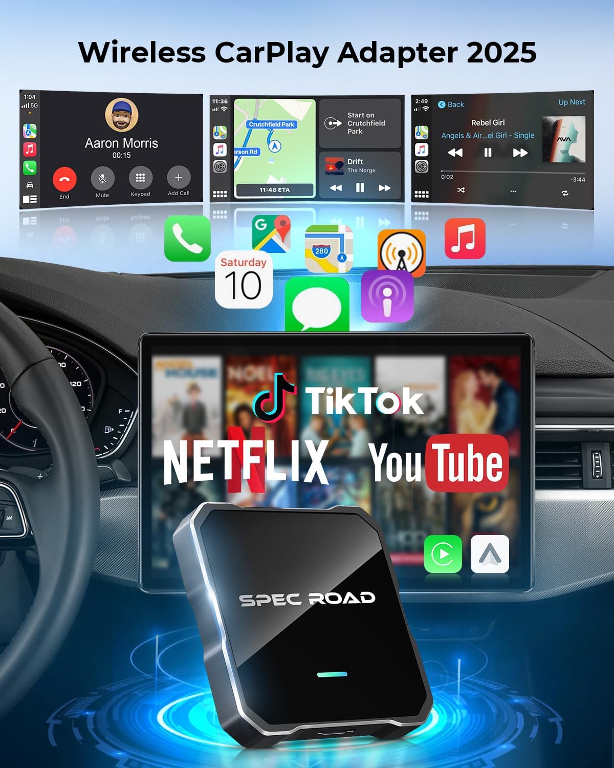 Wireless CarPlay Adapter for iPhone/Android Auto Wireless Adapter, Support Netflix/YouTube/TF Card, Plug and Play, Carplay Adapter Fit with iPhone8+/iOS 10+/Android 11+