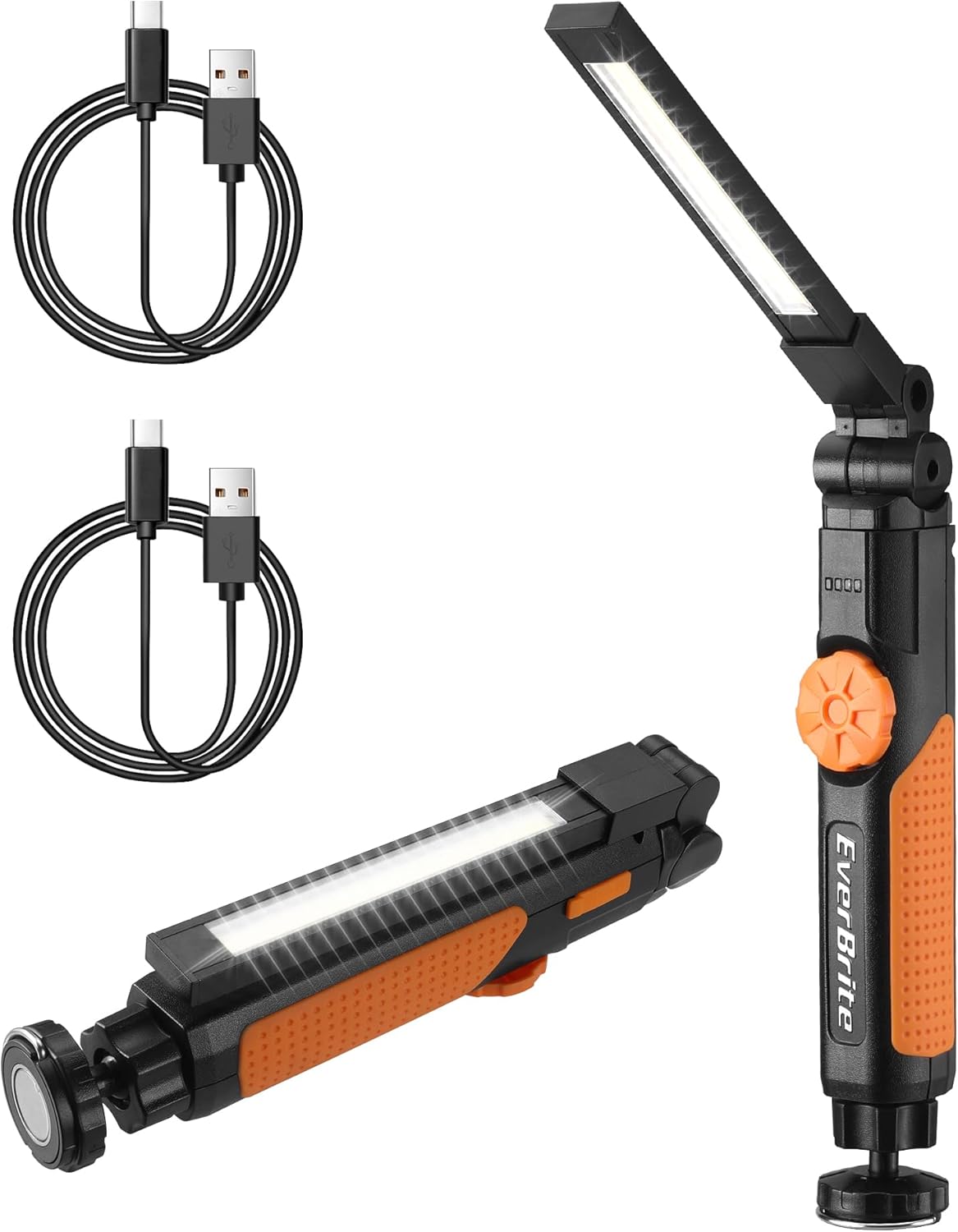 EverBrite 2 Pack LED Rechargeable Work Light, 800LM COB Foldable Flashlight, Magnetic Work Lights with Hanging Hook, 360° & 270° Rotation, 4 Power Indicator Lights - for Car Repair, Home, Emergency