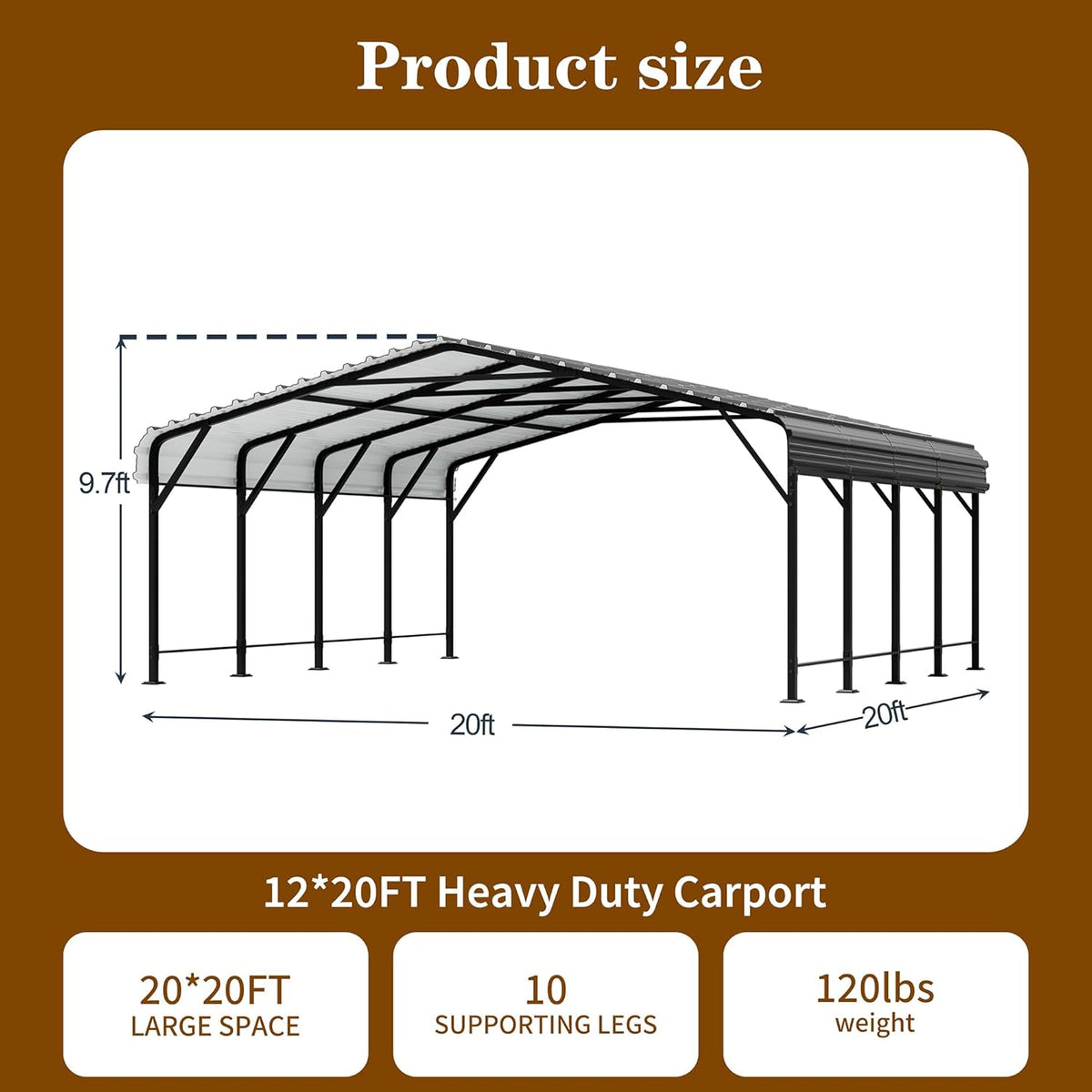 Walsunny Metal Carport 20x20 FT Heavy Duty Carport Canopy with Enhanced Base, Outdoor Car Shelter with Galvanized Steel Roof and Frame Garage for Truck, SUV, Boat, Black