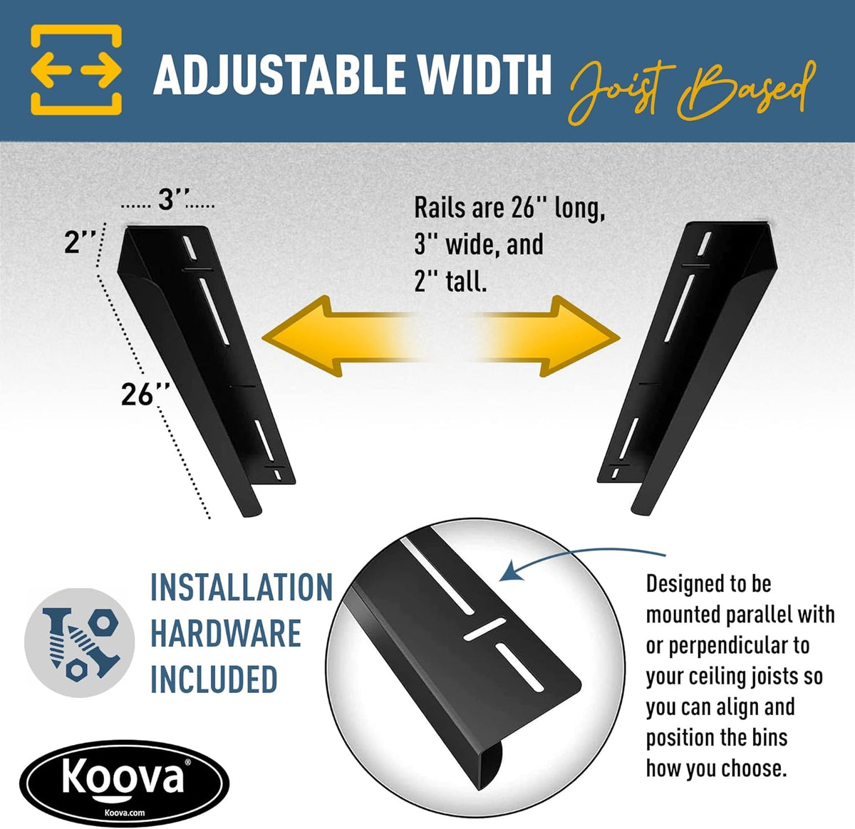 Koova Heavy-Duty Overhead Garage Storage Rack for 1 Bin. Adjustable Width, 40lb Capacity. DIY Super Safe Ceiling Mount, Easy 4-Bolt Install. Fits 27-Gallon Tote. USA Made Steel. Space Saving Organizer