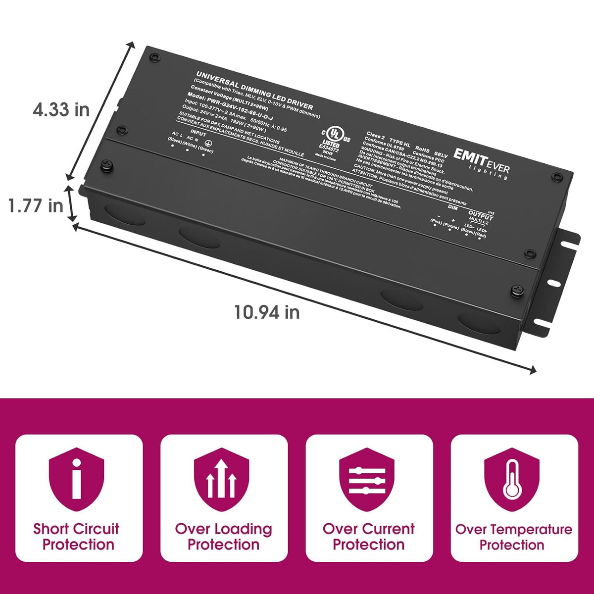 EMITEVER 192W Dimmable LED Driver, 24V 5-in-1 Dimmable Power Supply,2-Channels AC to DC Transformer for LED Light, Compatible with Lutron and Leviton Dimmer, Waterproof IP67 and UL Listed, Class 2