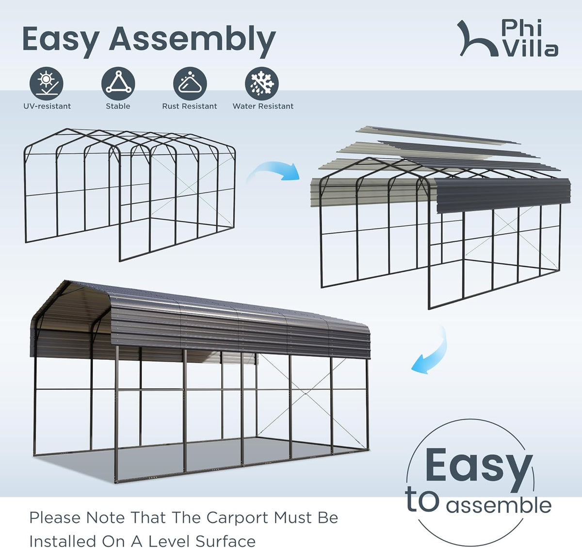 PHI VILLA 25 x 14 ft Heavy Duty Metal Carport with Galvanized Steel Roof for RVs, Cars, Boats, and Tractors