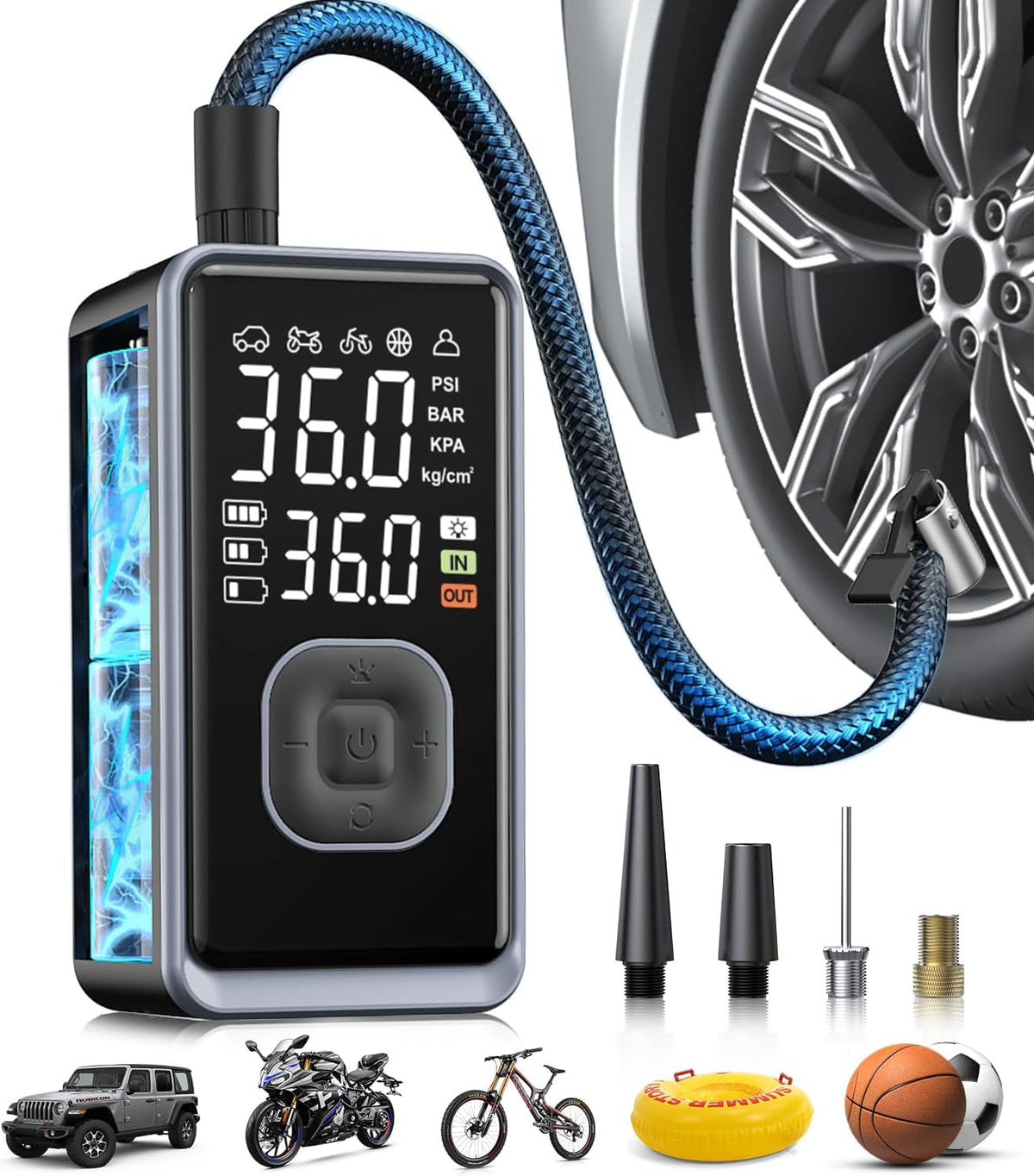 Tire Inflator Portable Air Compressor, 150PSI Cordless Mini Air Pump with Digital Pressure, Bike Pump, 3X Fast Inflation Tire Inflator for Car, Motorcycle, Bike, Ball-LED Light and Auto Shut-Off