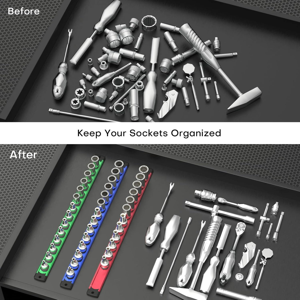 Magnetic Socket Holder Organizer Set, 6-Piece Heavy Duty Aluminum Alloy Socket Holder, 360° Swivel 1/2, 3/8, 1/4-Inch Socket Trays Socket Organizer Holds 80-Piece Standard Size Sockets
