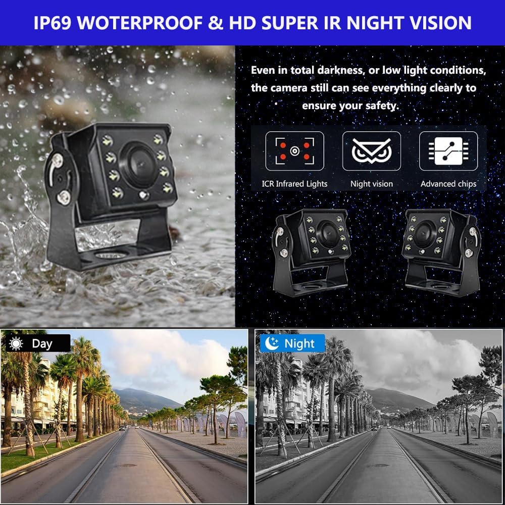 4K RV Backup Camera, 10.36" Touch Screen Monitor for Truck/Van/Trailer DVR Recording with Bluetooth FM MP5 IP69 Waterproof 1080P IR Night Vision Rear Side View Camera