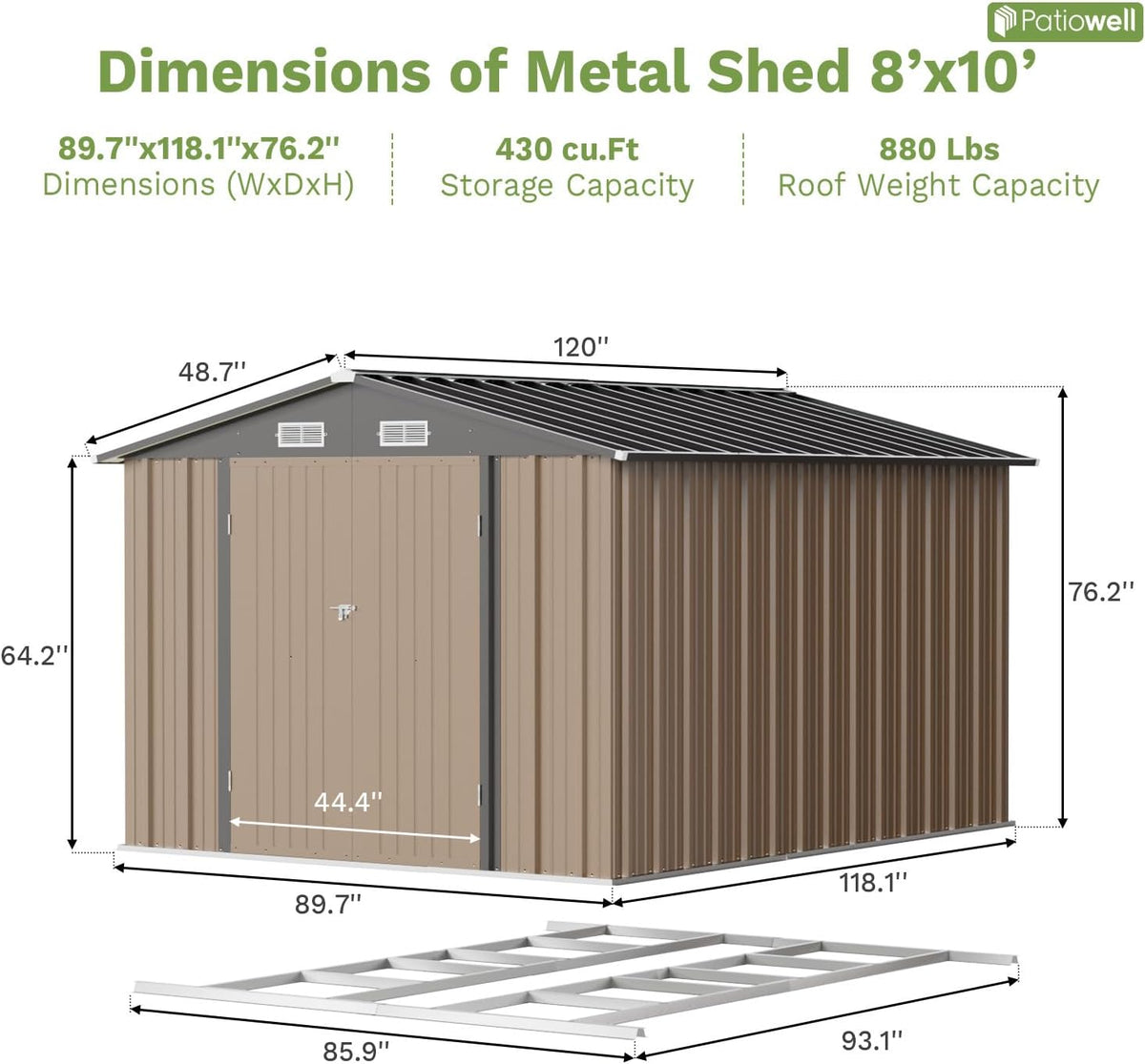 Patiowell 8x10 FT Outdoor Storage Shed with Floor Frame, Large Garden Tool Metal Shed with Sloping Roof and Double Lockable Door, Outdoor Shed for Backyard Garden Patio Lawn,Brown