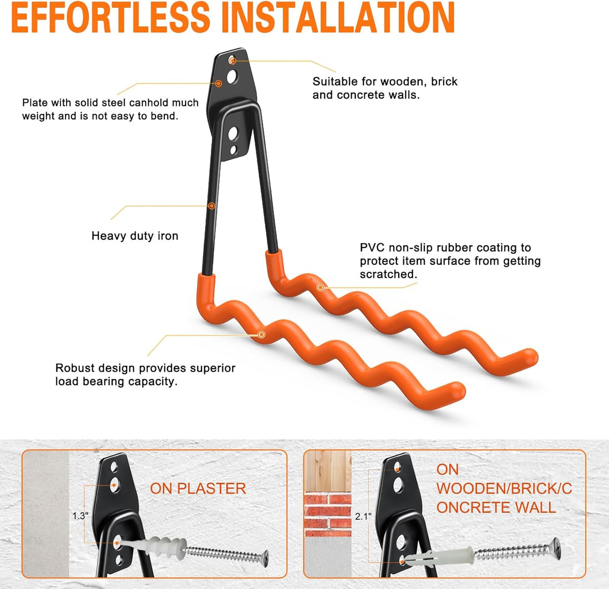 Heavy Duty Garage Hooks 4 Pack, 7.7 inch Wave Long Hanger, Wall Mounted Storage System, Power and Garden Tool Organizer, for Hanging Ladders, Bikes, Hose, Bulk Items and More