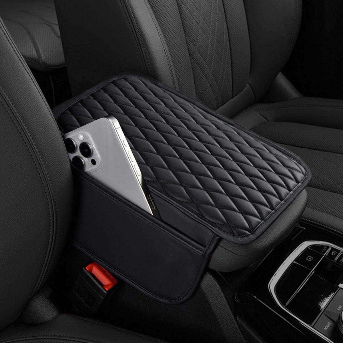 Car Center Console Cover, Upgraded Leather Armrest Seat Box Cover with 2 Storage Bags, Universal Waterproof Car Armrest Cover Cushion Comfortable Car Decor Accessories for Most Vehicles (Black)