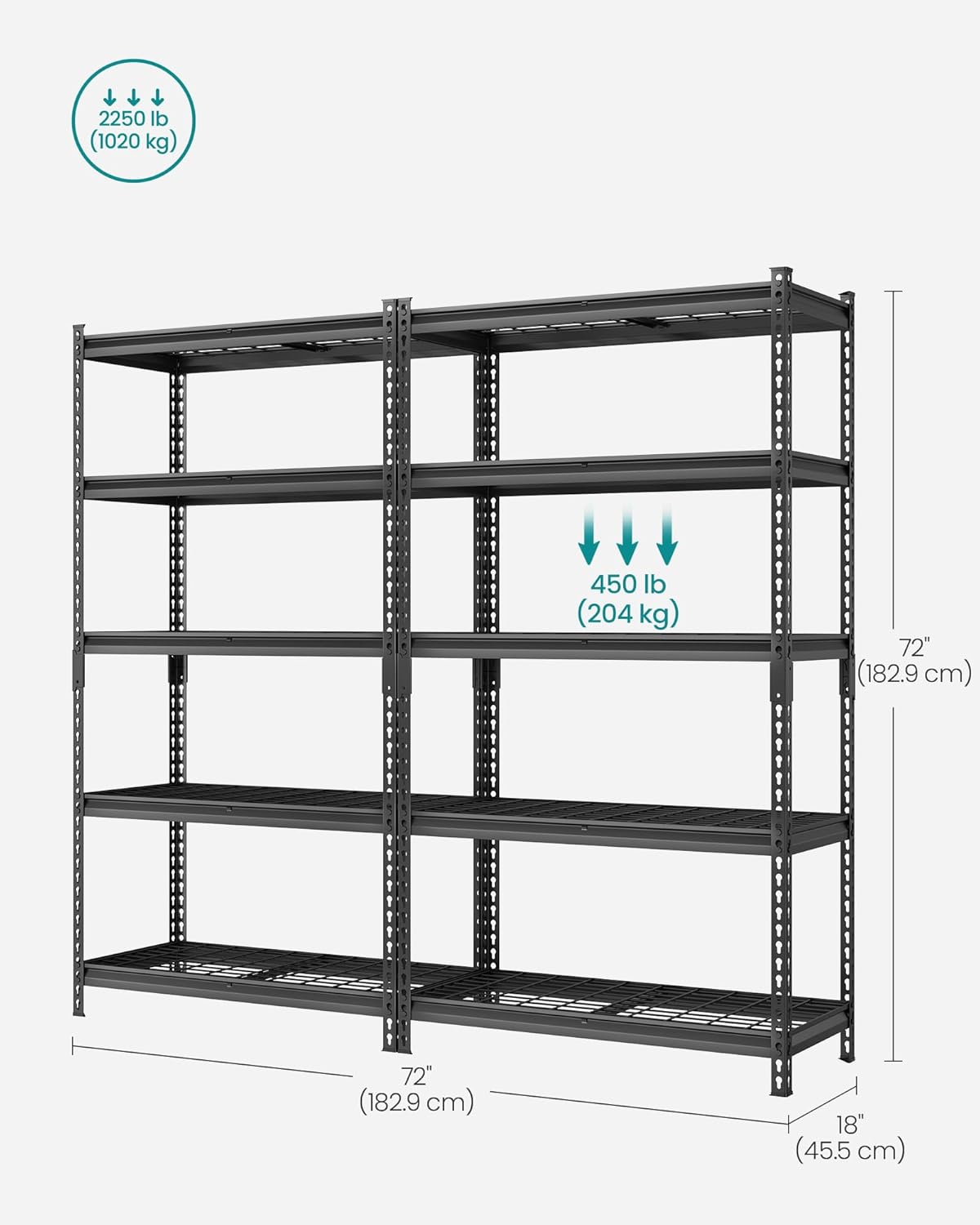 SONGMICS 5-Tier Storage Shelves Set of 2, Heavy-Duty Garage Shelving, Adjustable Shelving Unit, Steel Shelf, Boltless Assembly, for Garage, 2,250 lb Load, 18 x 72 x 72 Inches, Ink Black UGLR453B02