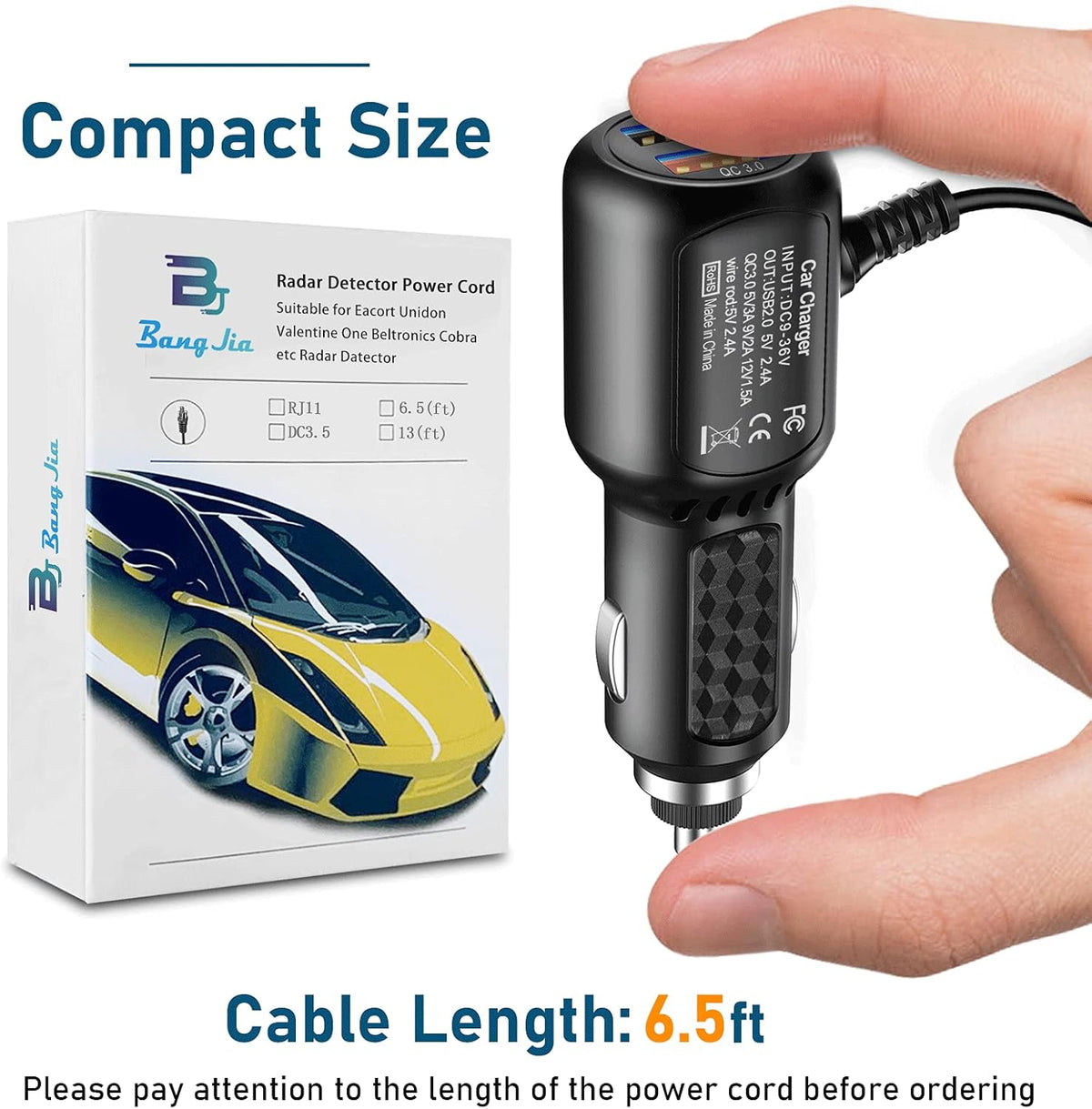 Radar Detector Power Cord,for Uniden Escort Valentine Beltronics Passport Cobr etc Radar Detector,with Dual USB QC3.0 Quick Charger（RJ11