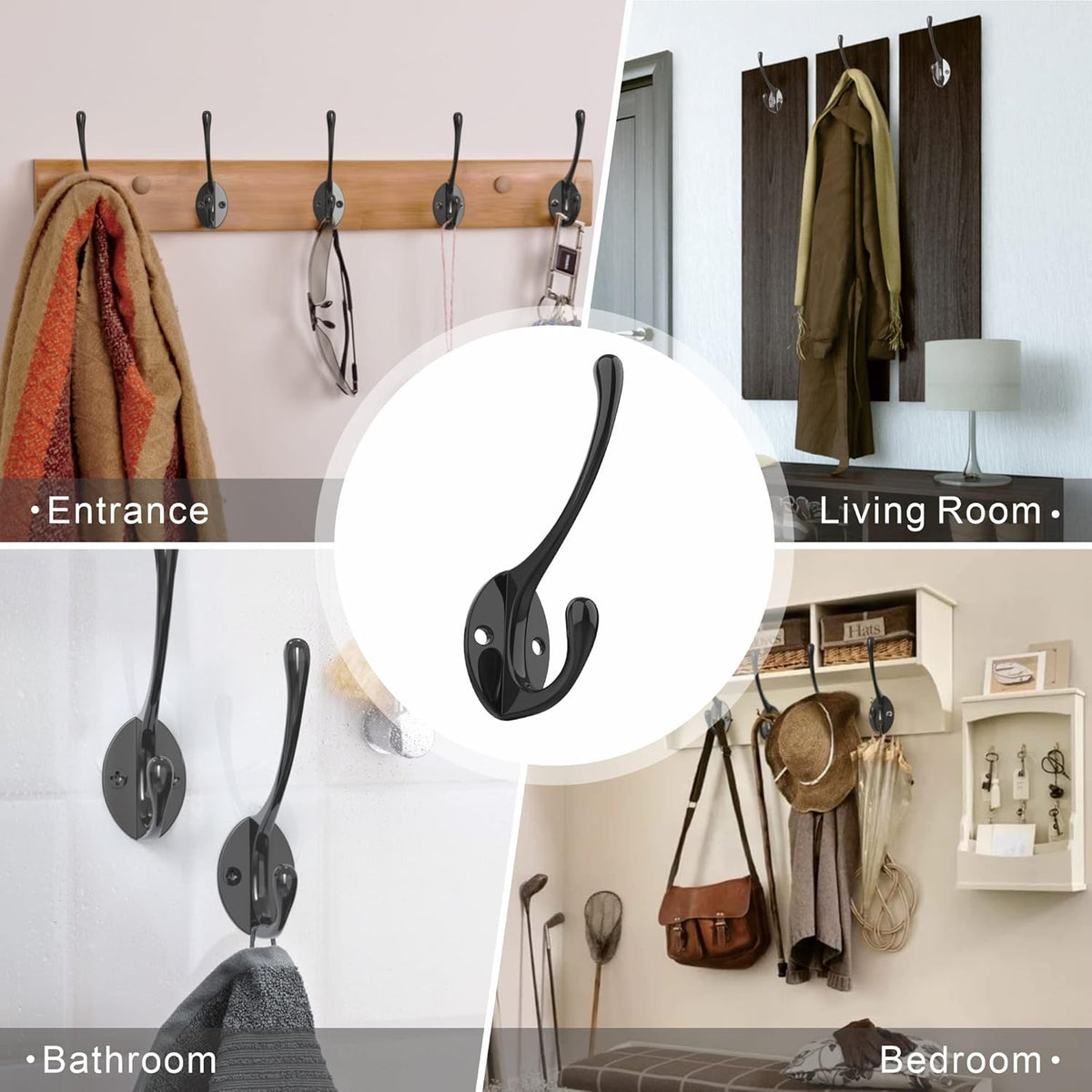 Coat Hooks | Wall Mount Coat Hangers | Black Metal Hooks for Wall with 20 Screws (10Pack)