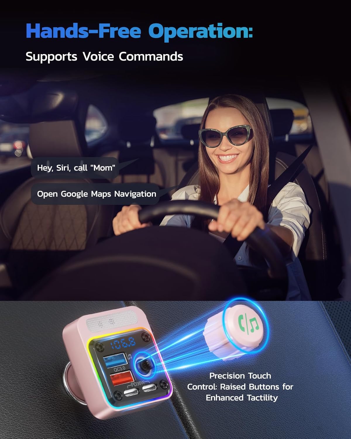 Nulaxy 54W Bluetooth 5.3 Car Adapter with 4 Charging Ports [PD 36W & QC3.0 18W], Wireless Radio FM Transmitter with Deep Bass Player & 5 Colors LED Backlit, Hands-Free Calling - Pink