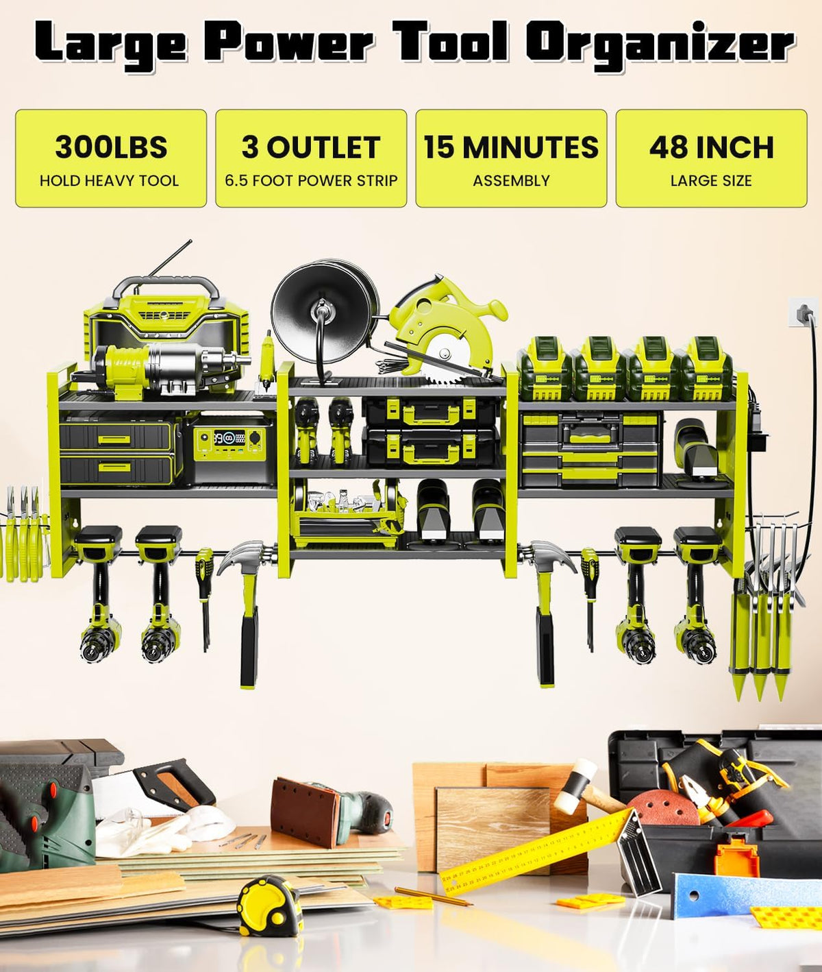 Heavy-Duty 48" Wall Mount Power Tool Organizer with Charging Station – 3-Tier Garage Organization Rack for Drills, Wrenches & Tools – Includes 16 Hooks & Pegboard Sides