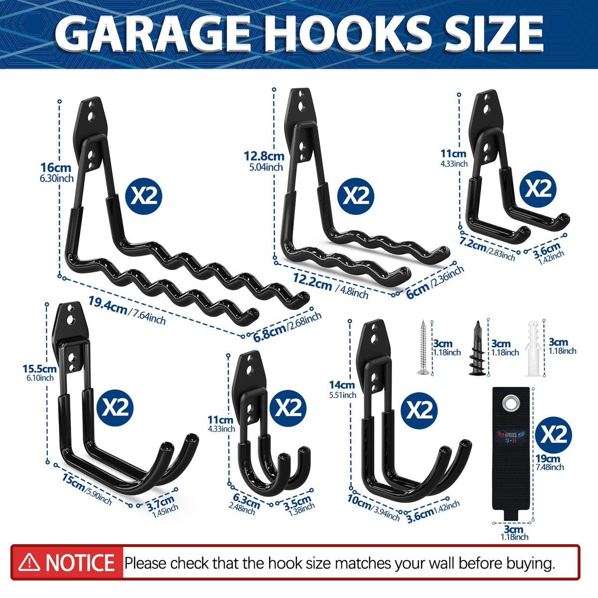 3-H Garage Hooks Heavy Duty with 2 Storage Straps, Utility Garage Wall Mount Hooks for Garden, Ladders, WeedEater, Shovel(Black)