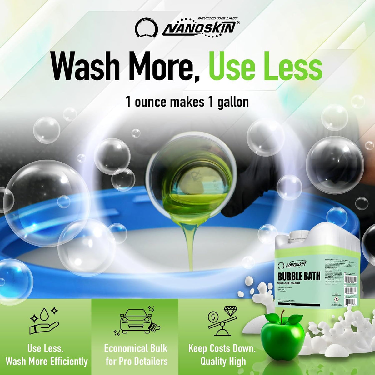 Nanoskin BUBBLE BATH Foaming Car Wash Shampoo 1 Gallon - Works with Foam Cannon, Foam Gun, Bucket Washes, Car Soap for Pressure Washer | For Car, Truck, Motorcycle, RV & More | Green Apple Scented