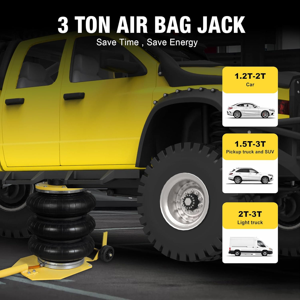 YELLOW JACKET Air Jack 3 Ton Triple Bag Air Jack with Six Steel Pipes, Portable Pneumatic Jack with Long Hand, 3-5 s Fast Lifting Airbag Jack for Cars, Garages, Repair, Yellow