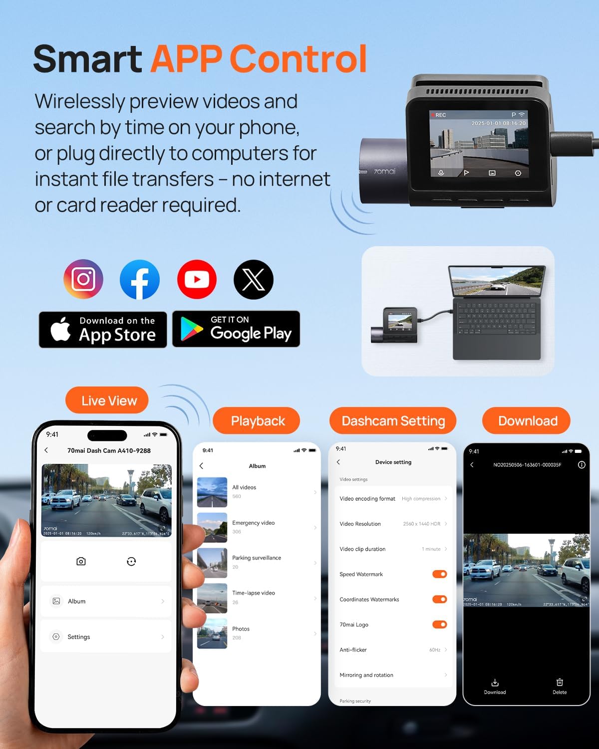 70mai Dash Cam Front and Rear - 2.5K+1080P Dual Dash Camera with HDR, Super Night Vision, F1.55 Aperture, 24H Parking Mode, Built-in Wi-Fi & GPS, G-Sensor, Loop Recording, 64GB Card Included (A410)