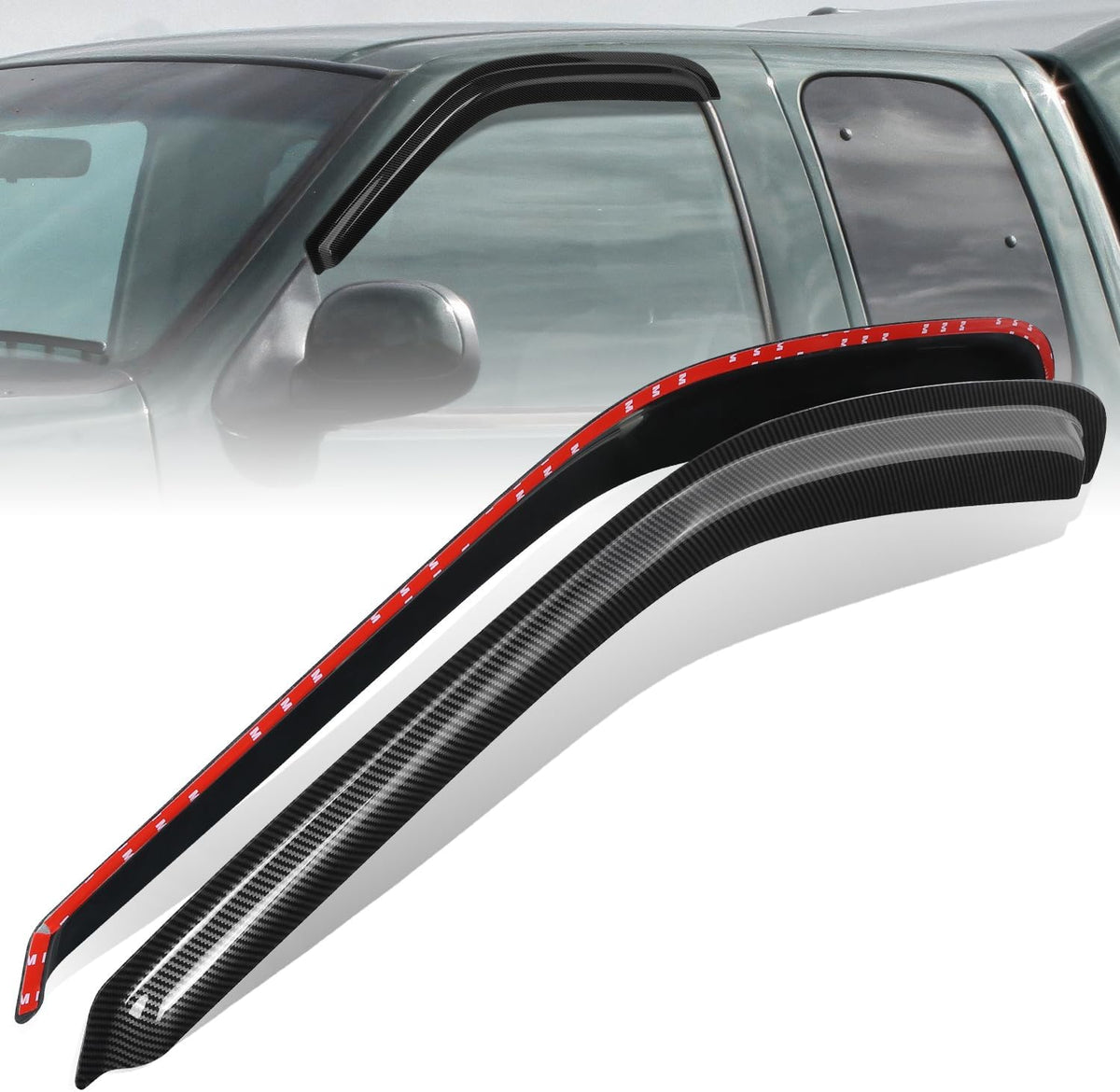 Auto Dynasty Set of 2 Carbon Fiber Pattern Window Visors Compatible with 1997 1998 1999 2000 2001 2002 2003 2004 Ford F150 F250 Heritage, Tape-On Rain Guards Shield Vent Shade Deflector Glossy Black