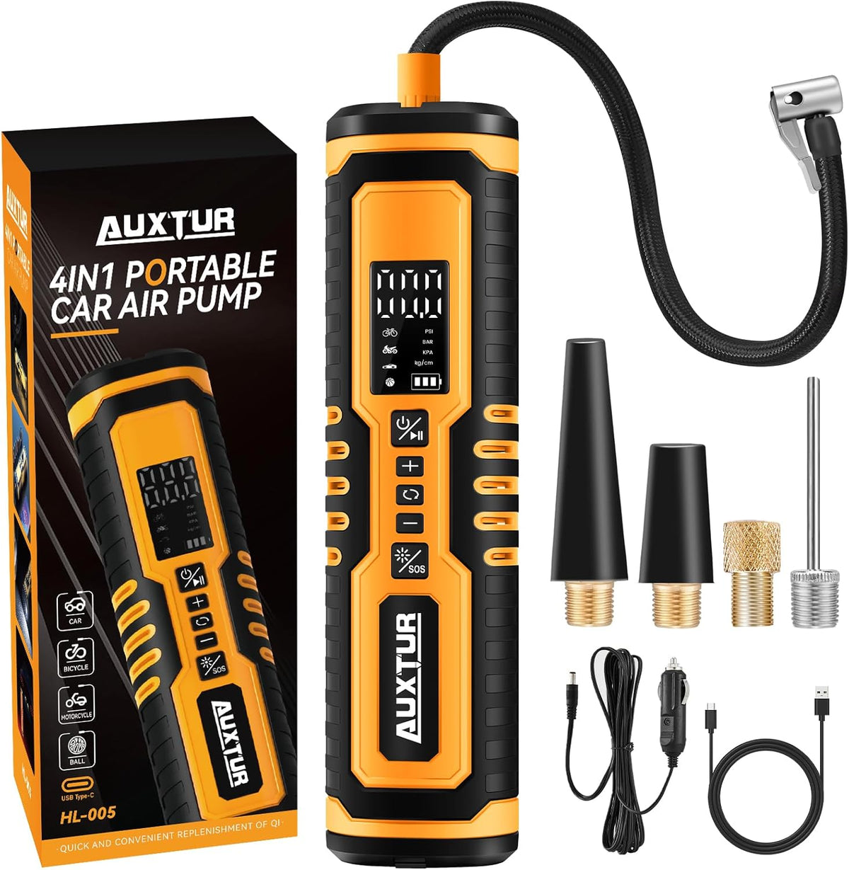 Cordless Tire Inflator for Car with 3 Light Modes and Automotive Power Cords, Electric Air Pump(Type-C) (150PSI)(6000mah Battery), Digital Air Compressor for Motorcycle, Bike, Truck and Ball