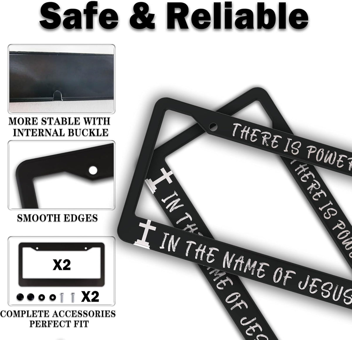 License Plate Frames Black and White License Plate Holder There is Power in The Name of Jesus Universal Aluminum Car Accessory 2 Pack with Screw Covers Set