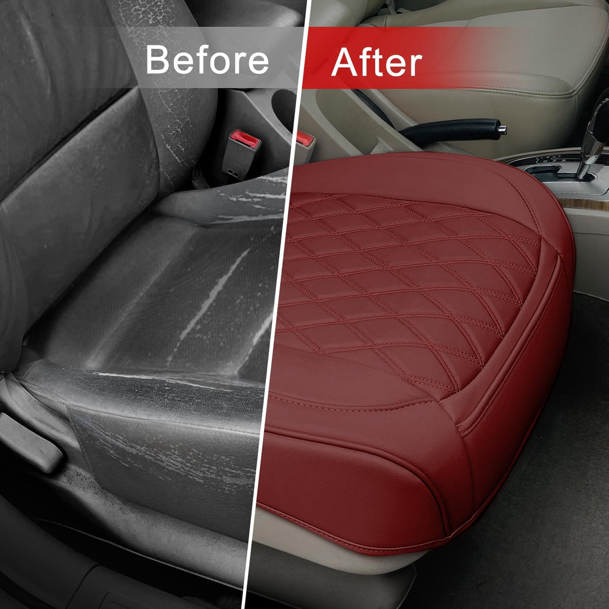 1 Pack Leather Front Car Seat Cover Bottom Car Seat, Anti-Slip and Full Wrap Driver Car Seat Protectors, Luxury Waterproof Bottom Auto Seat Cushion Pad Mat for Most Vehicles(Red)