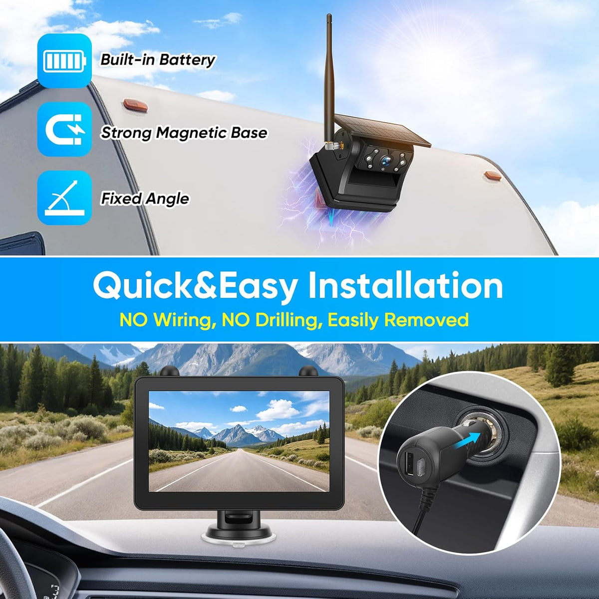 Magnetic Solar Wireless Backup Camera System with 7" IPS Touchscreen Monitor, 2K Rechargeable Auto On Off Rear View Camera with DVR Loop Recording for RV, Camper, Trailer, Trucks