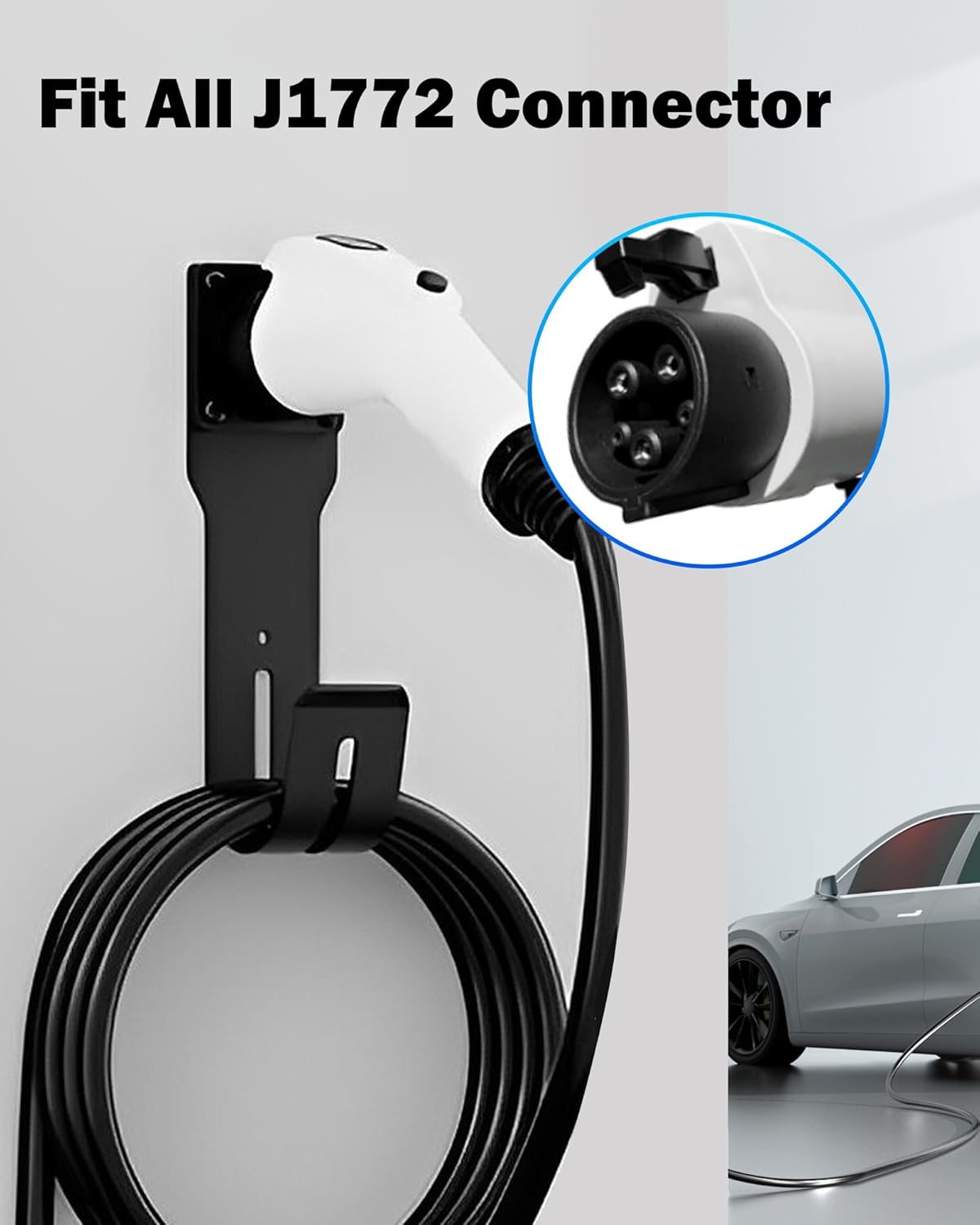 EV Charger Holder Wall Mount Kit, Ev Charging Cable Holder, EV Cable Box Organizer&J-Hook Electric Car Plug Nozzle Holster for SAE J1772 Connector(Indoor/Outdoor Use)