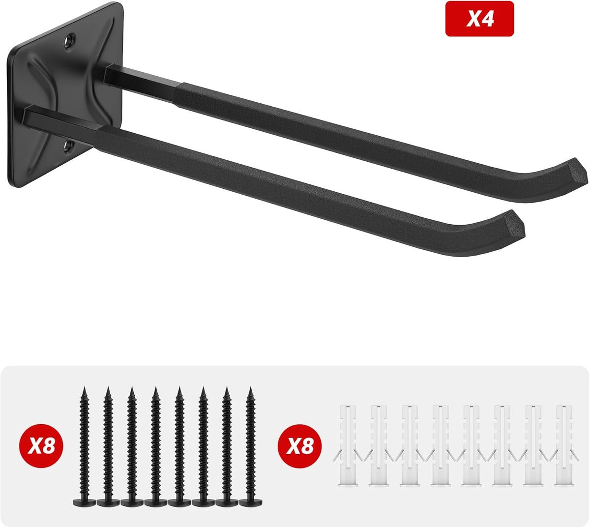Ultrawall Garage Storage Hooks, Heavy Duty Steel Tool Organizer, 12.4 Inch Wall Mount Hangers Racks for Car Tires, Ladders, Chairs, Ropes and Garden Tools, 4 Pack
